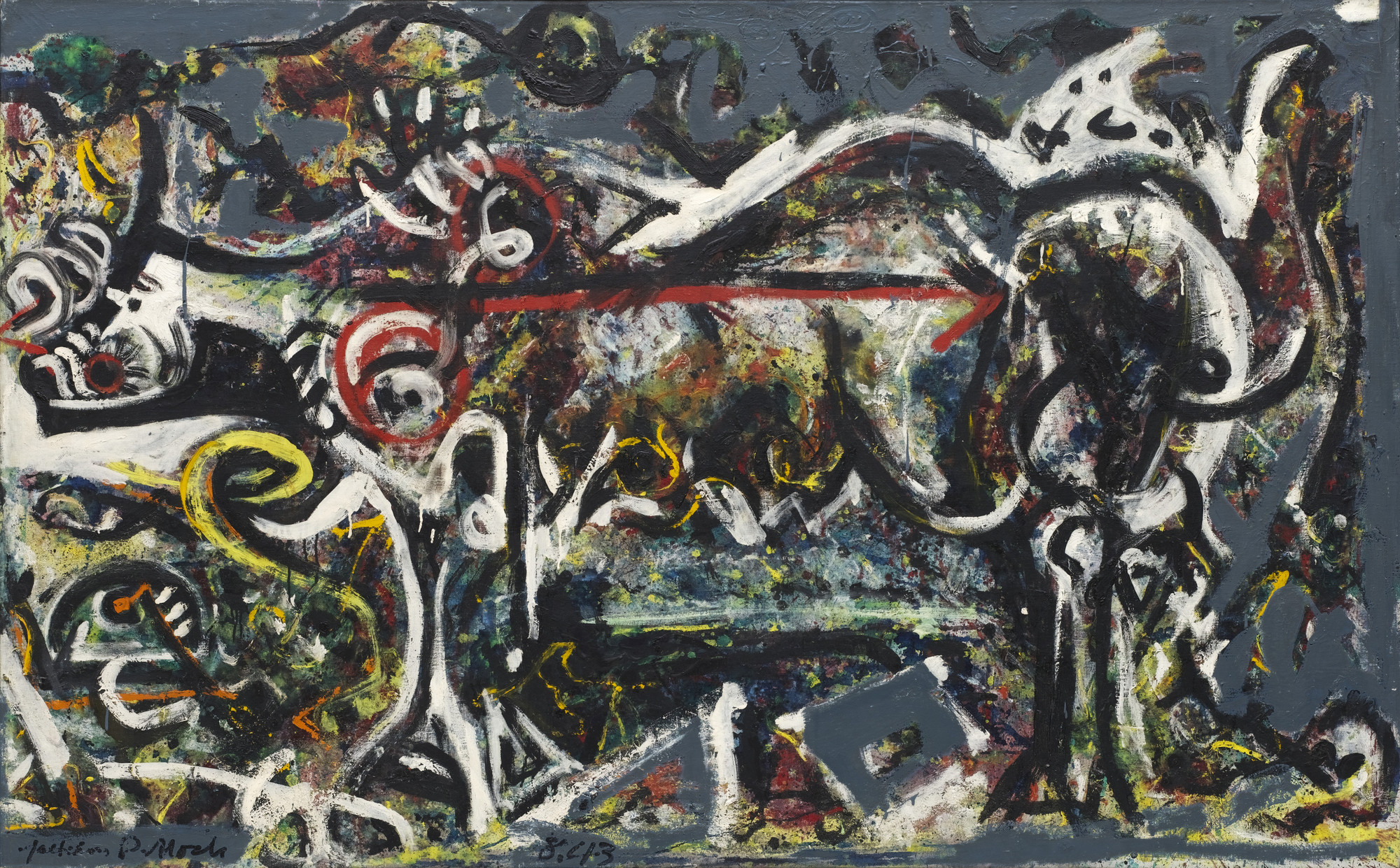 The She-Wolf by Jackson Pollock, a blend of abstract forms and hints of animalistic features in muted tones.