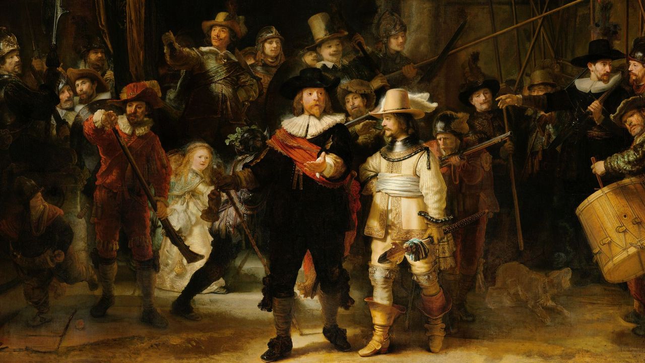 The Night Watch, Rembrandt's most famous group portrait, full of energy, motion, and mystery.