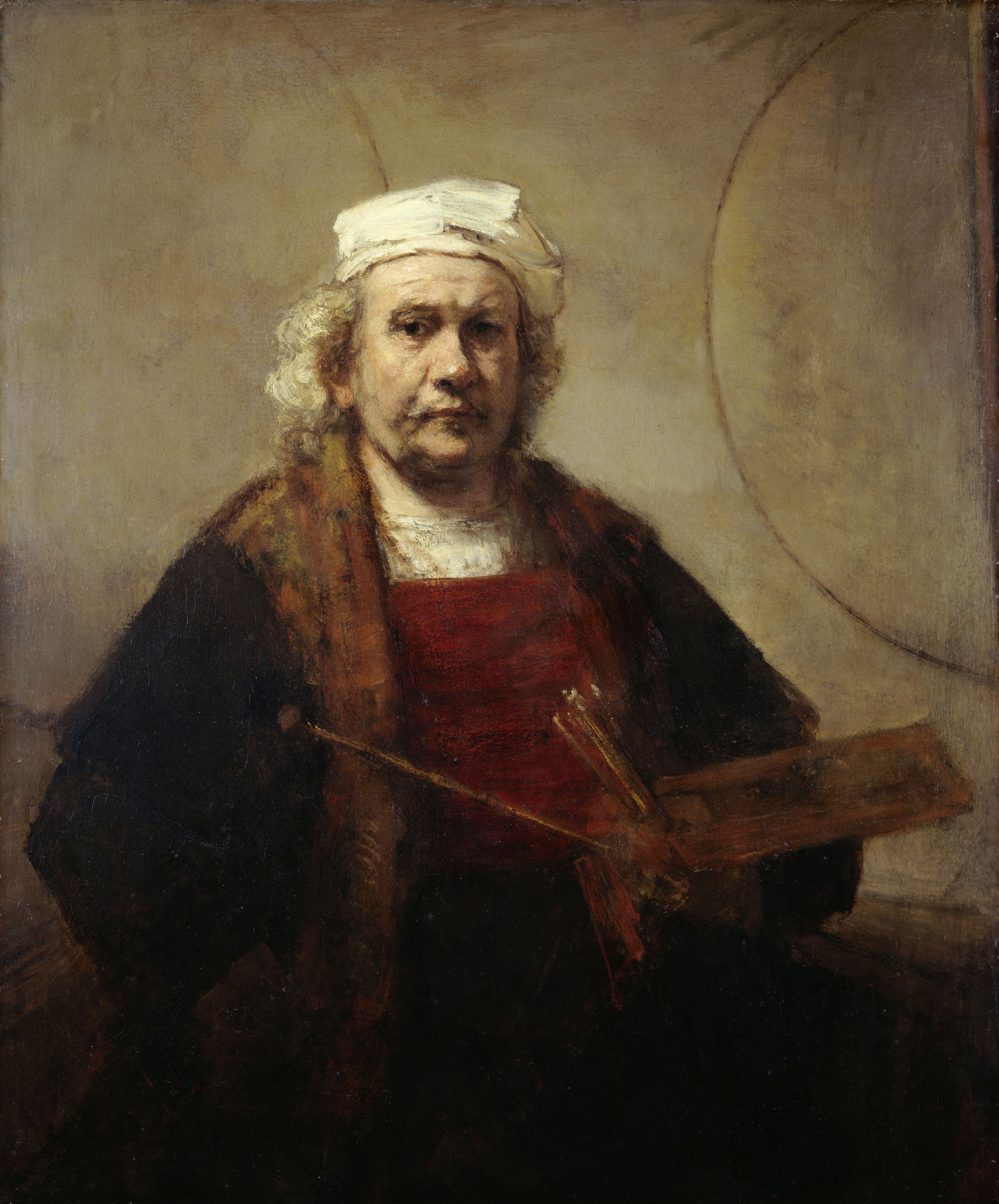 Rembrandt’s late self-portrait with palette and two circles, full of texture and quiet power.