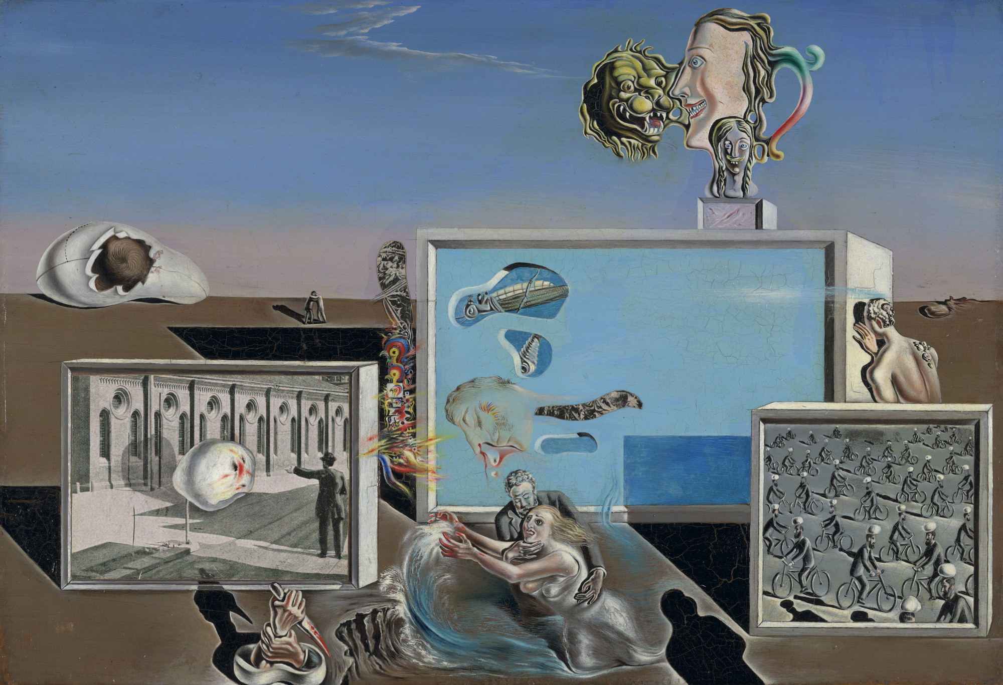 Dalí played with the disjunctions between reality and the illusion experienced in the darkness of a movie theater. The imagery, realized through a combination of painting and collage, refers to personal and universal dreams and anxieties.