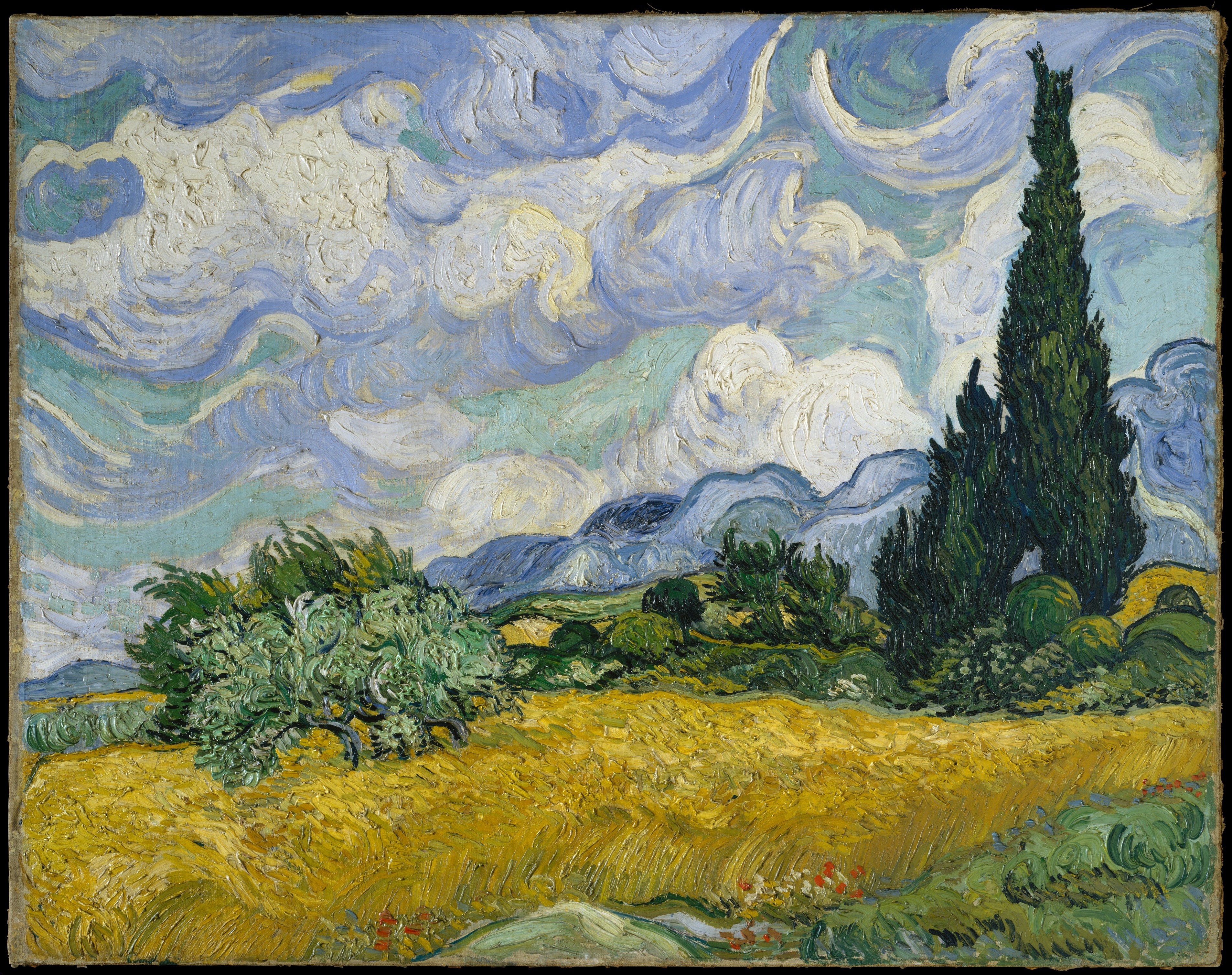 A Wheatfield with Cypresses by Van Gogh: vibrant, chaotic, emotional, and powerful.