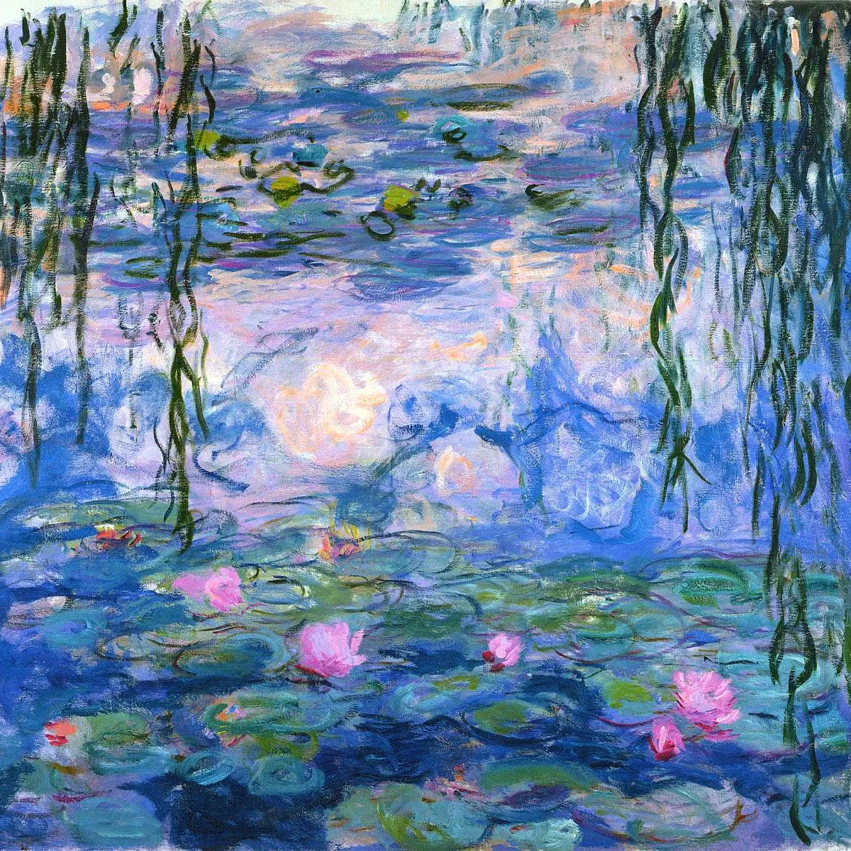 A dreamy pond of water lilies painted in soft pastels and sweeping brushstrokes