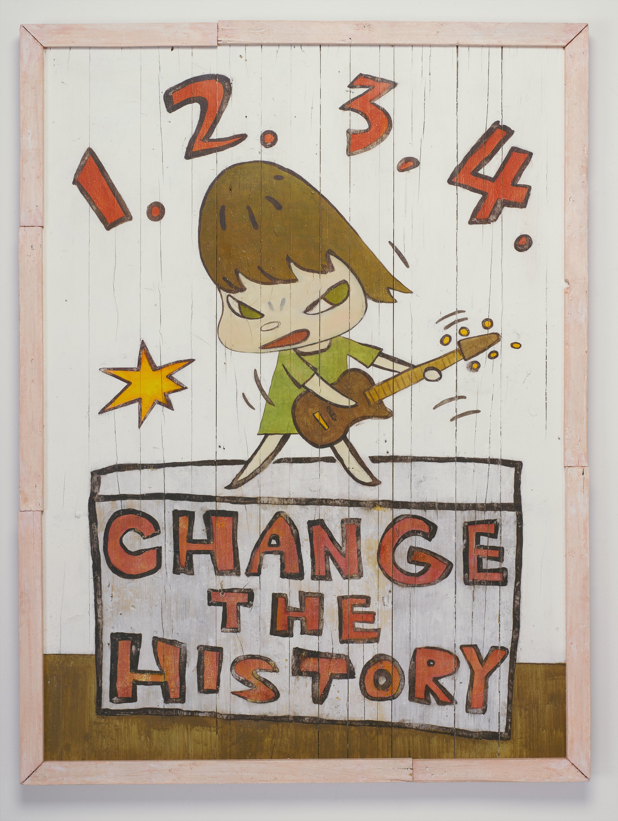 .2.3.4., Change the History by Yoshitomo Nara, childlike figure playing guitar on stage.