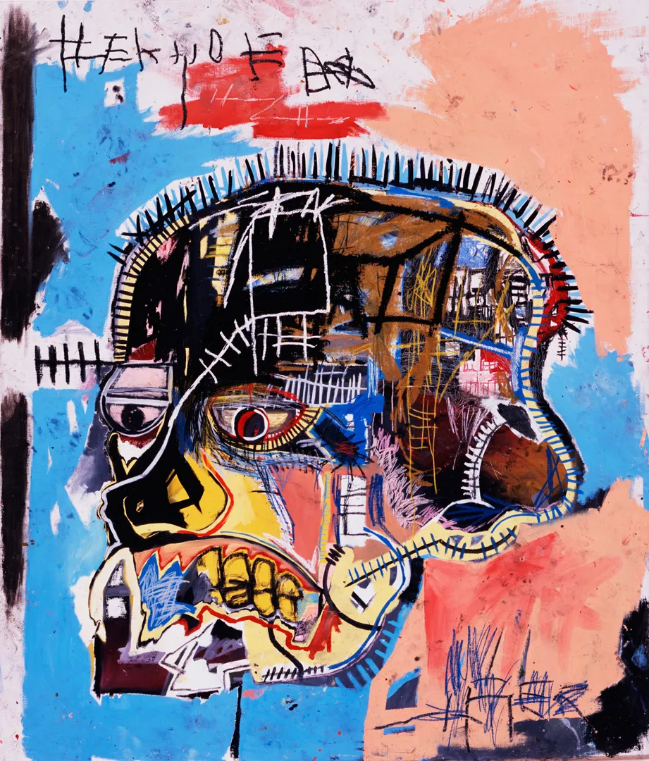 A bold painting of a skull-like face with rough brushstrokes, energetic lines, and layered text, typical of Basquiat’s raw style.