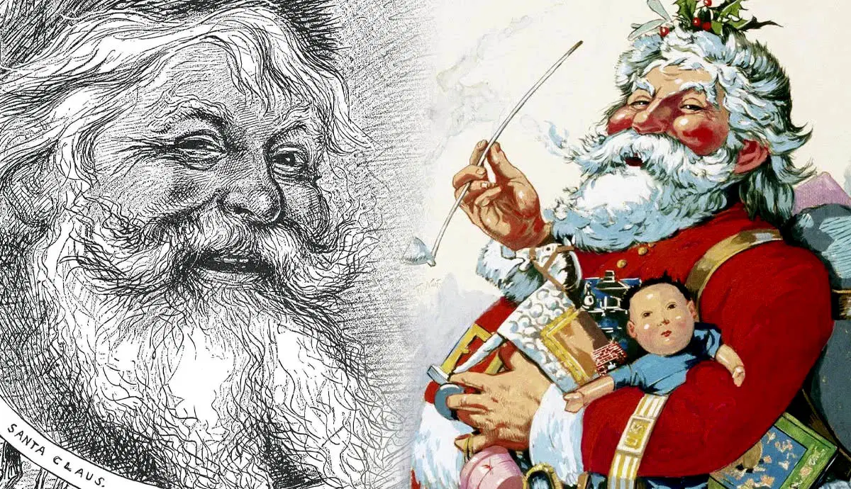 Nast’s illustrations shaping the modern Santa Claus—jolly, bearded, and bearing gifts.