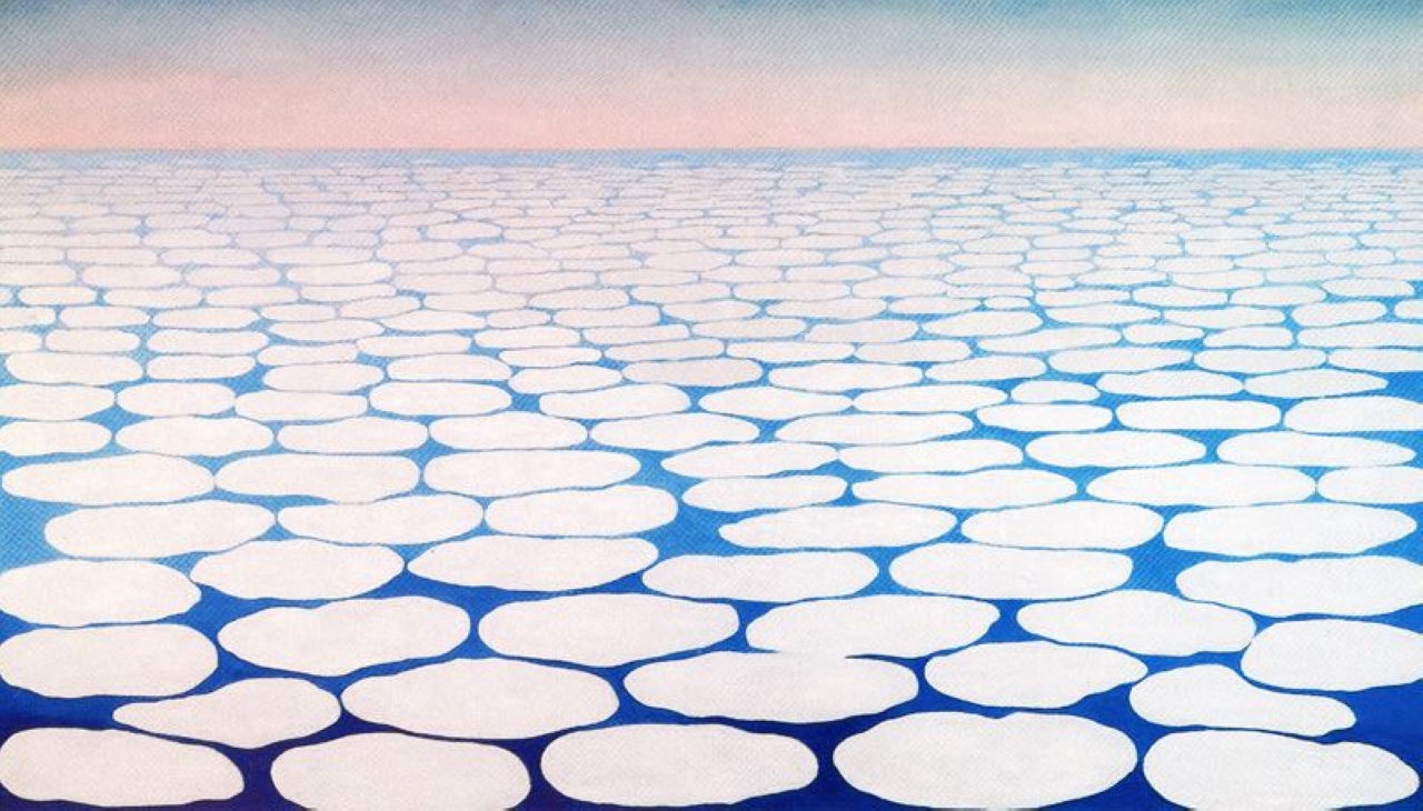 O’Keeffe’s view from the sky: soft clouds painted in minimalist form, capturing the quiet motion of flight.