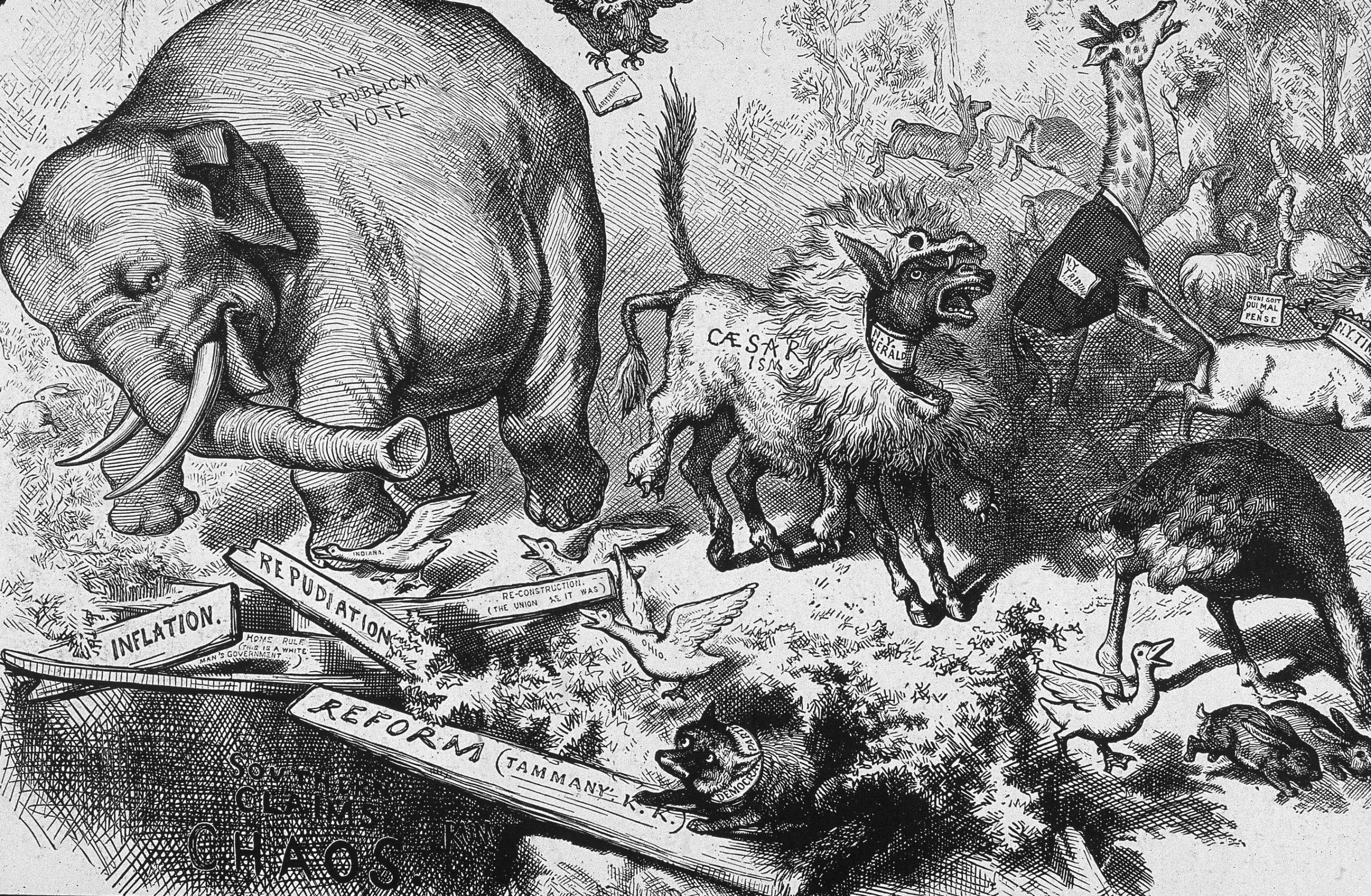 Nast’s famous cartoon featuring the donkey and the elephant, establishing the Democratic and Republican party symbols still used today.