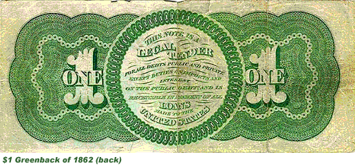 A historic U.S. greenback note, the first federally issued paper currency, introduced during the Civil War.