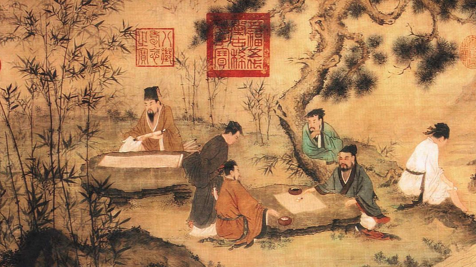 Confucius, known as Master Kong, teaching disciples beneath pine trees with bamboo scrolls and ritual vessels nearby.