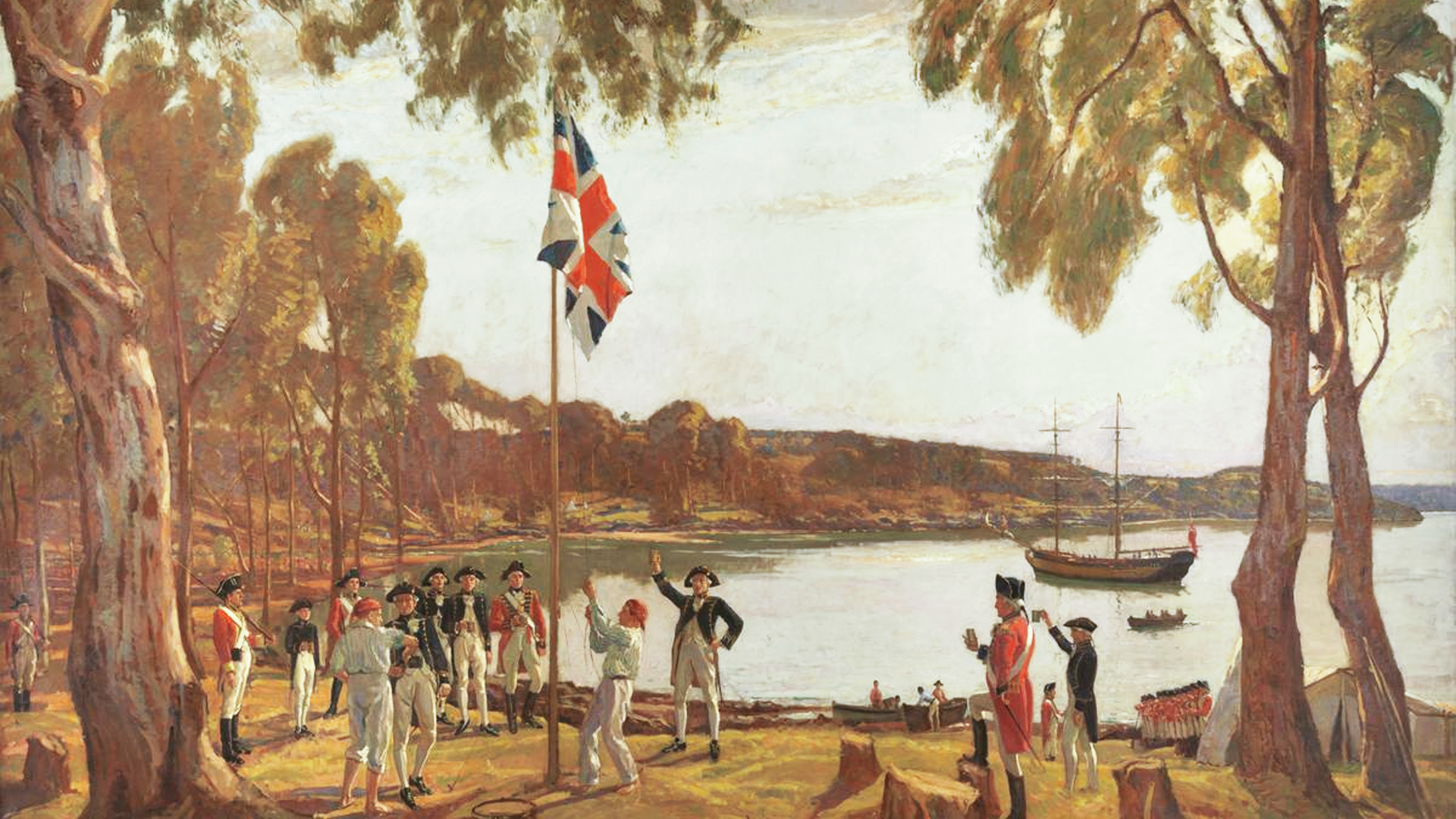 An artist’s depiction of British ships arriving on the shores of Australia in 1788.