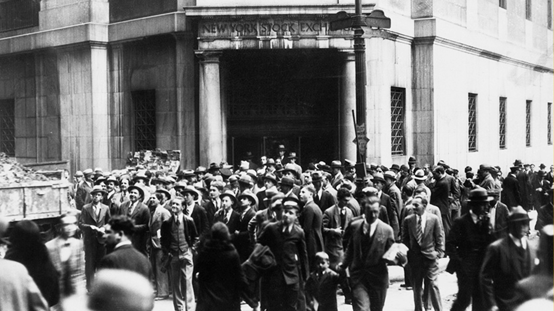 Panicked traders crowd the floor of the New York Stock Exchange during the crash of 1929.