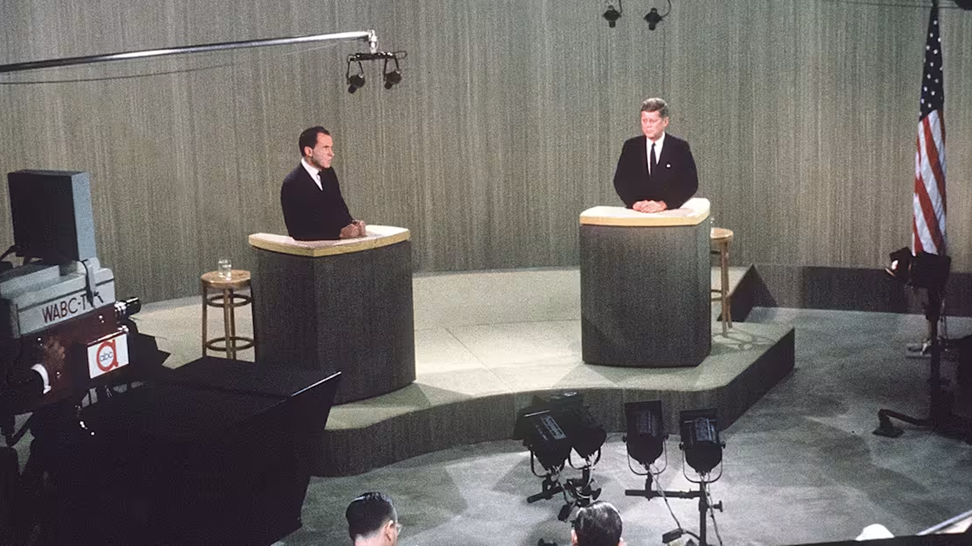John F. Kennedy and Richard Nixon at their first televised presidential debate in 1960.