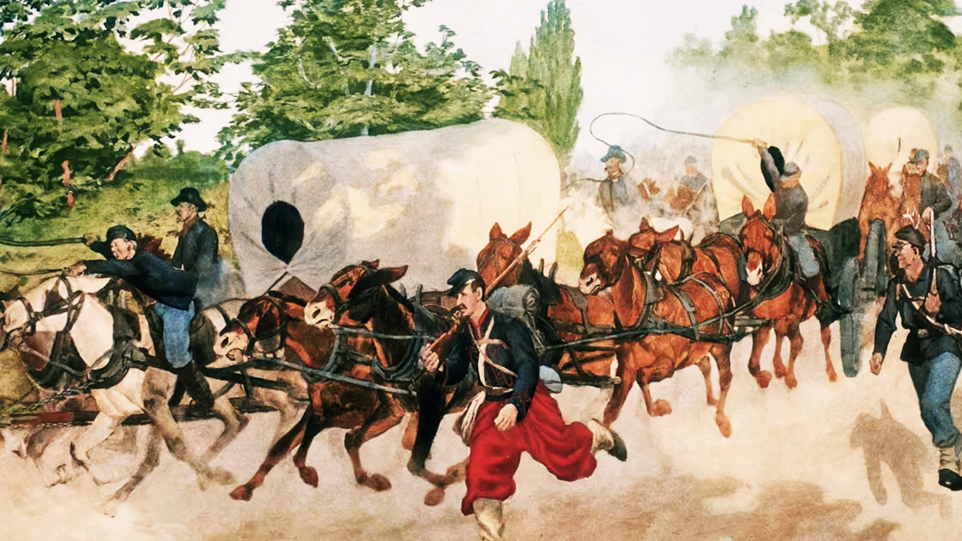 Illustration of Union troops fleeing the battlefield at Bull Run as Confederate forces counterattack.