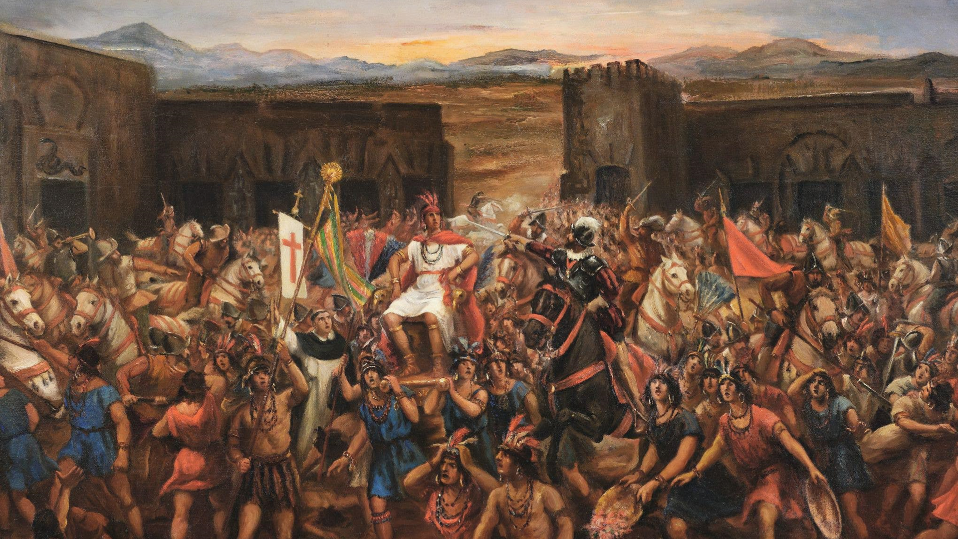 Francisco Pizarro capturing the Incan emperor Atahualpa at Cajamarca in 1532.