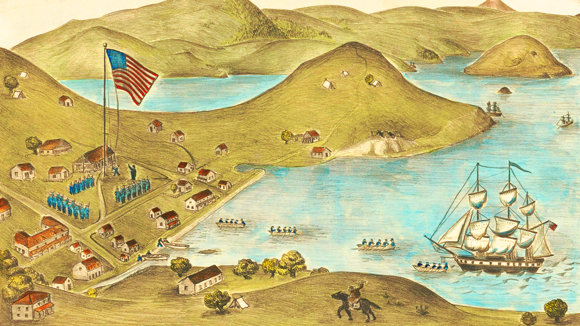 U.S. Marines raising the American flag over Yerba Buena, the small coastal settlement that would become San Francisco.