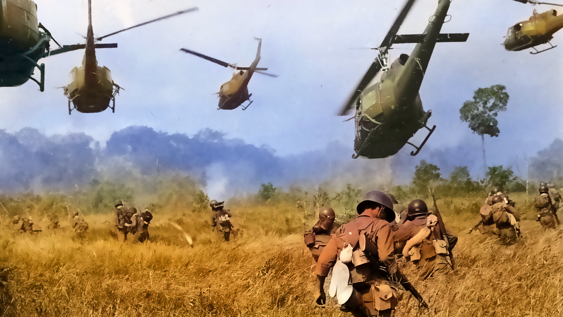 Helicopters flying over Vietnam during the war representing conflict and Cold War tensions