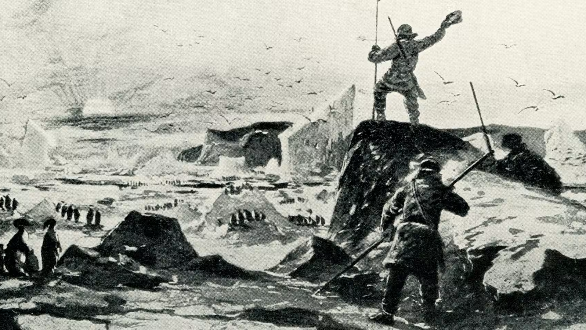 19th-century exploration ships navigating icy Antarctic waters.