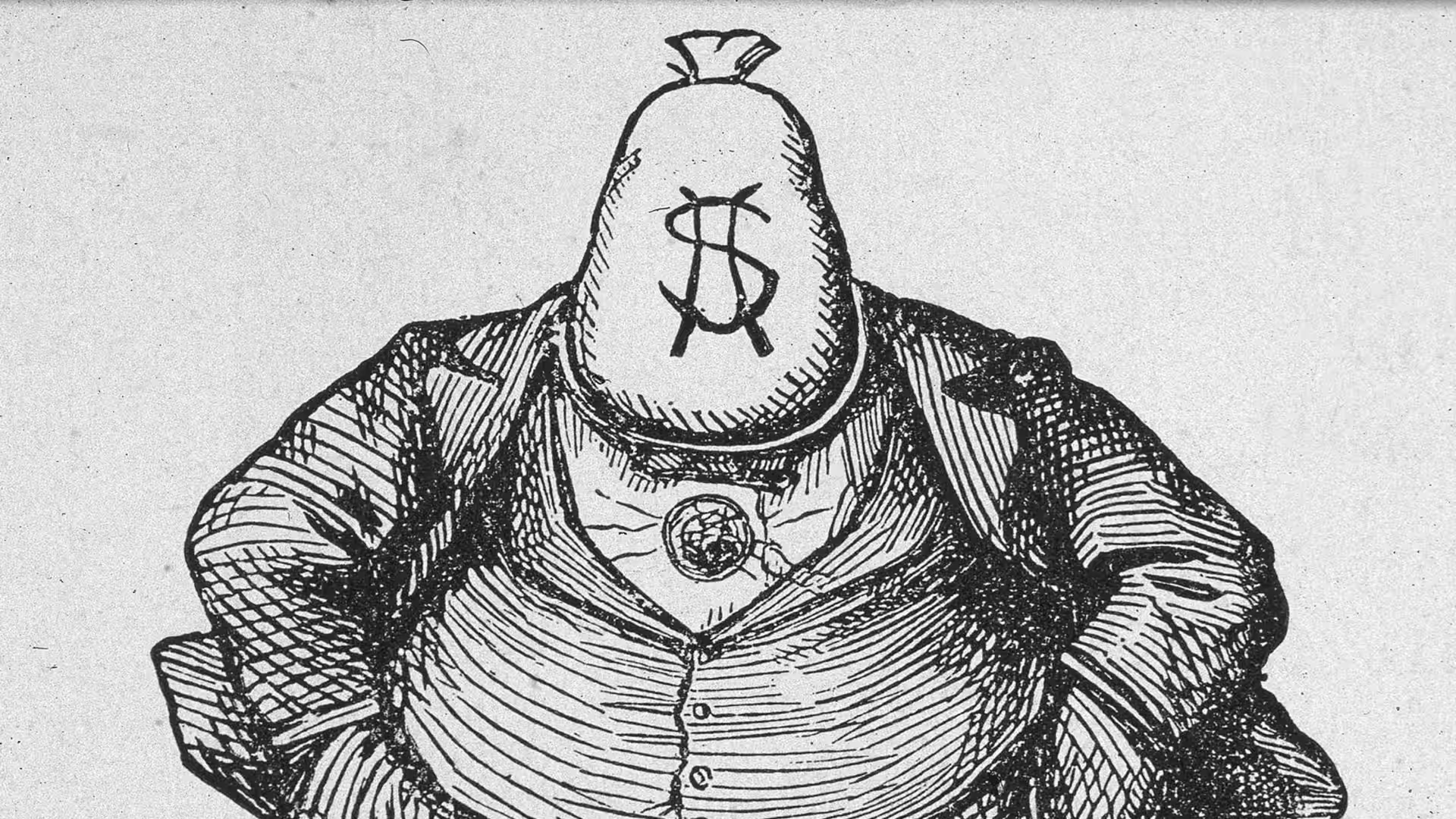 Political cartoon-style image of Boss Tweed in a suit, symbolizing political corruption in New York City.