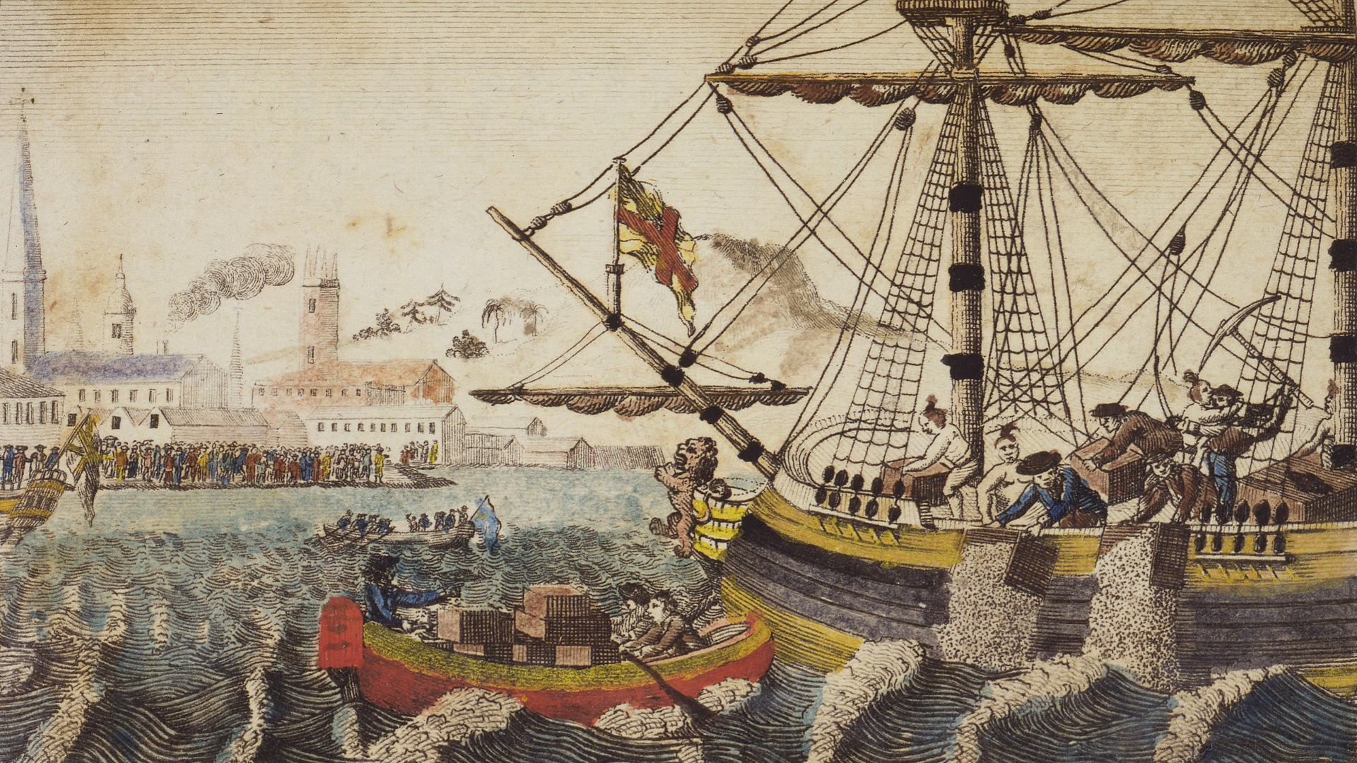 Colonists disguised as Mohawk Indians dump British tea into Boston Harbor in protest of unfair taxation.