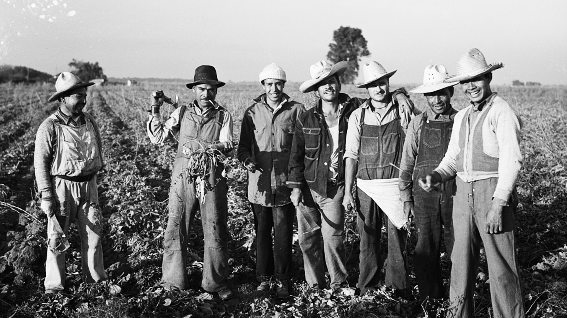 Mexican braceros standing in line with luggage at a U.S. processing center during the 1940s.