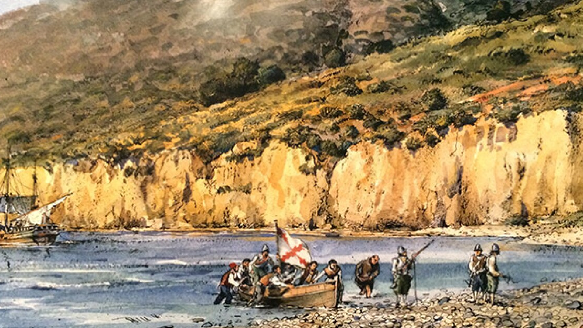 Painting of Juan Rodriguez Cabrillo’s ships anchored in San Diego Bay.