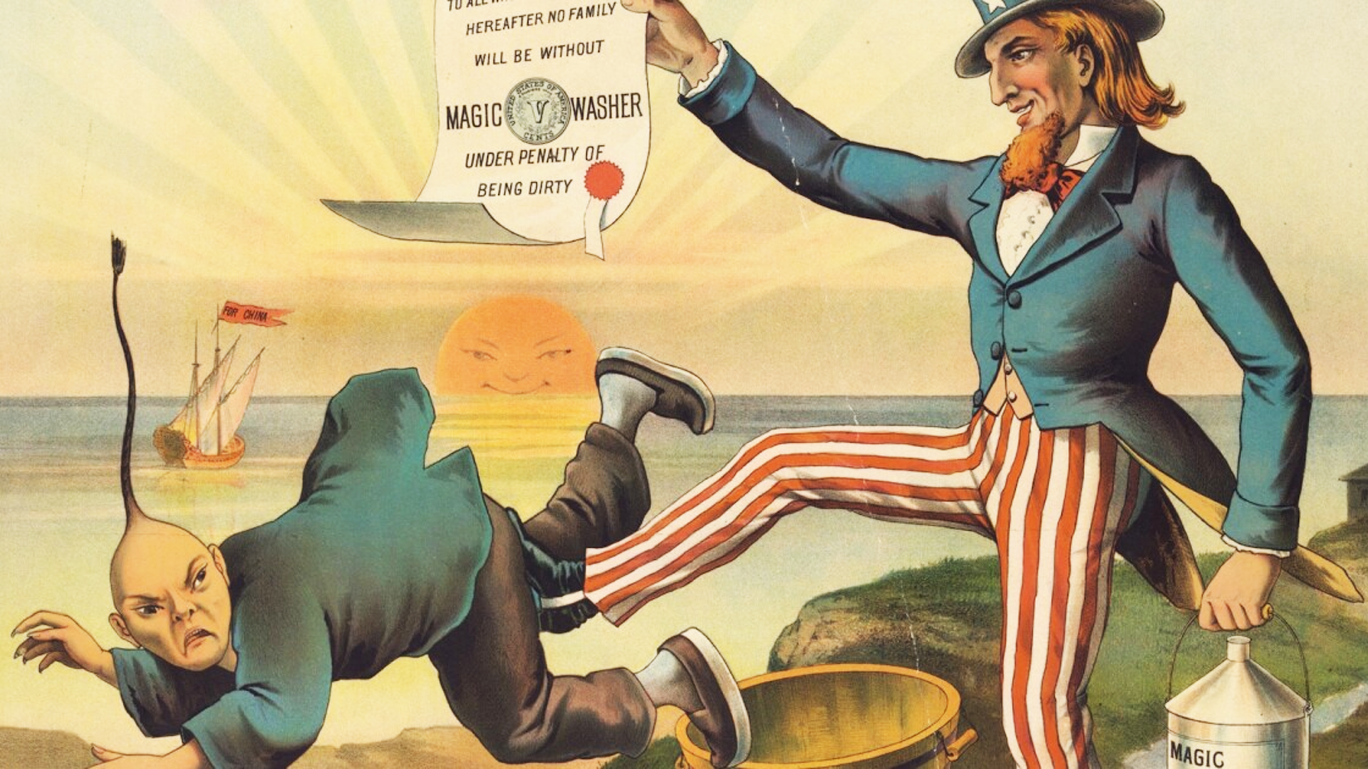 Political cartoon and historical illustration connected to the Chinese Exclusion Act of 1882