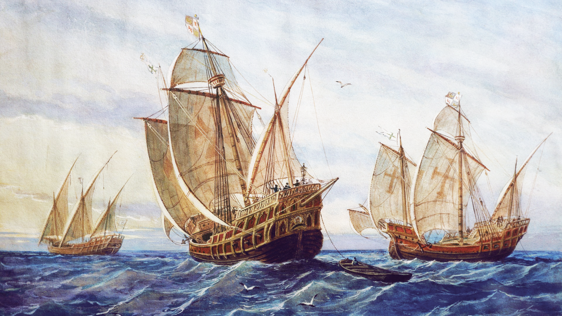 Christopher Columbus’s ships—the Niña, the Pinta, and the Santa María—sailing across the Atlantic.