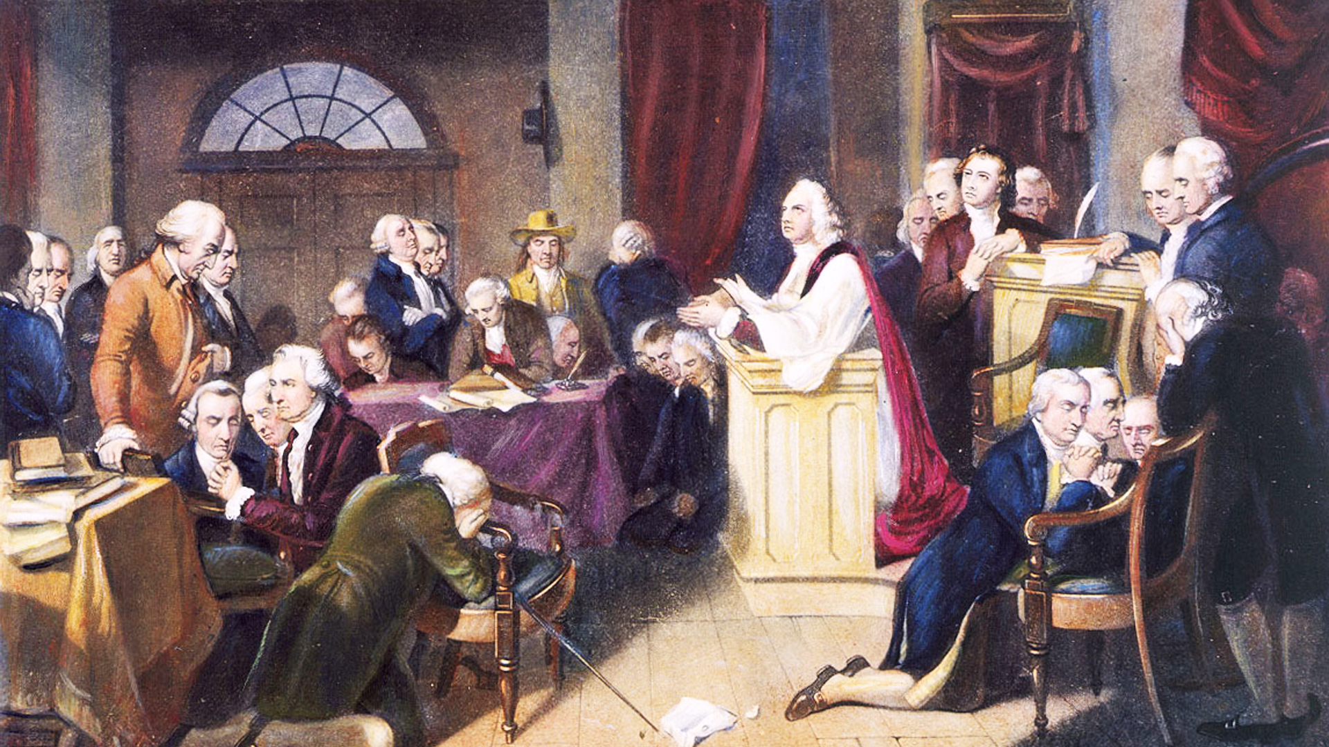 Engraving of delegates meeting in Carpenters’ Hall during the First Continental Congress, 1774.