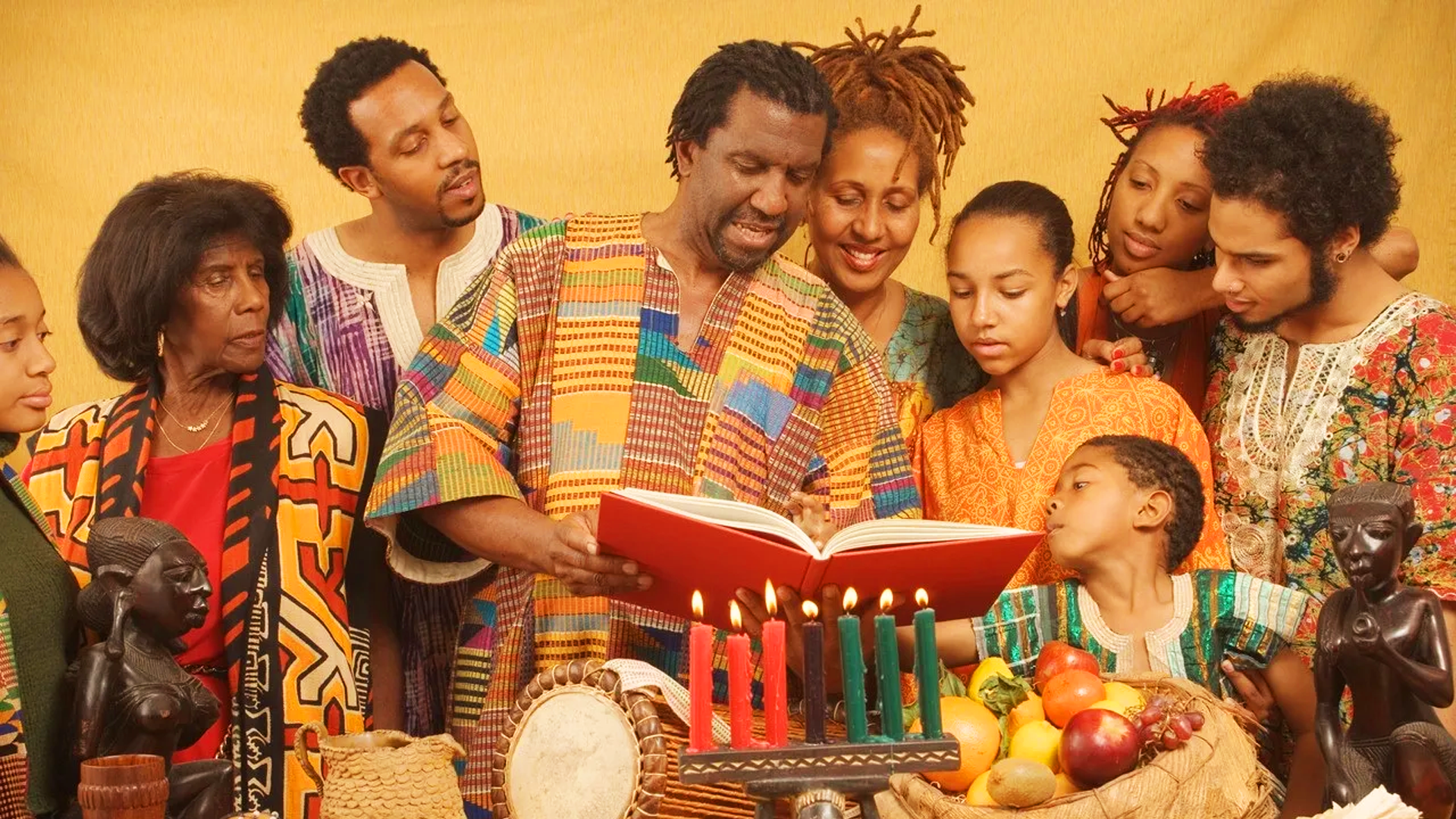 A kinara with seven candles representing the first celebration of Kwanzaa