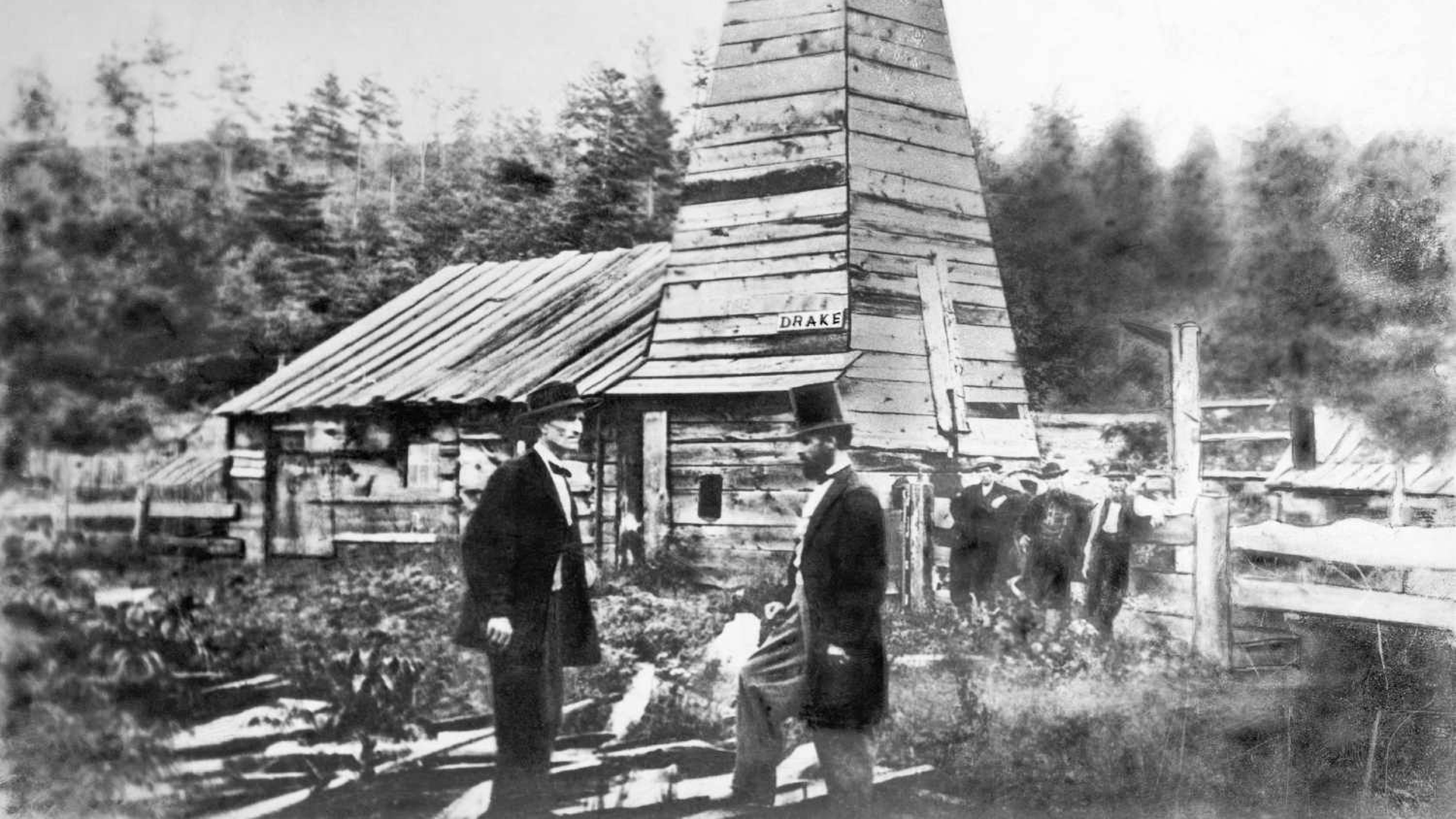 Illustration of Edwin Drake’s first oil well in Titusville, Pennsylvania, 1859.