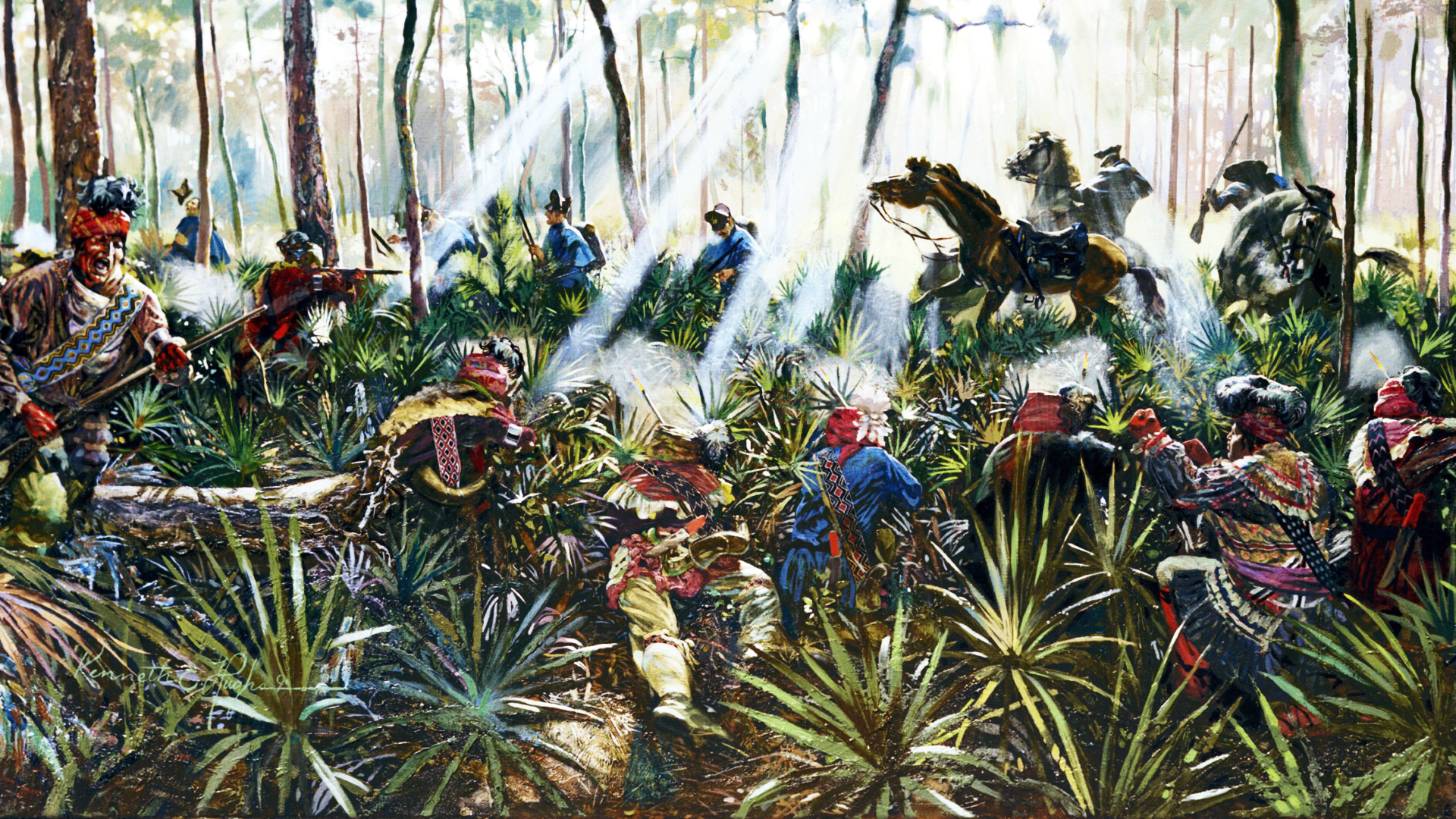 Seminole warriors and U.S. soldiers in conflict during the First Seminole War.