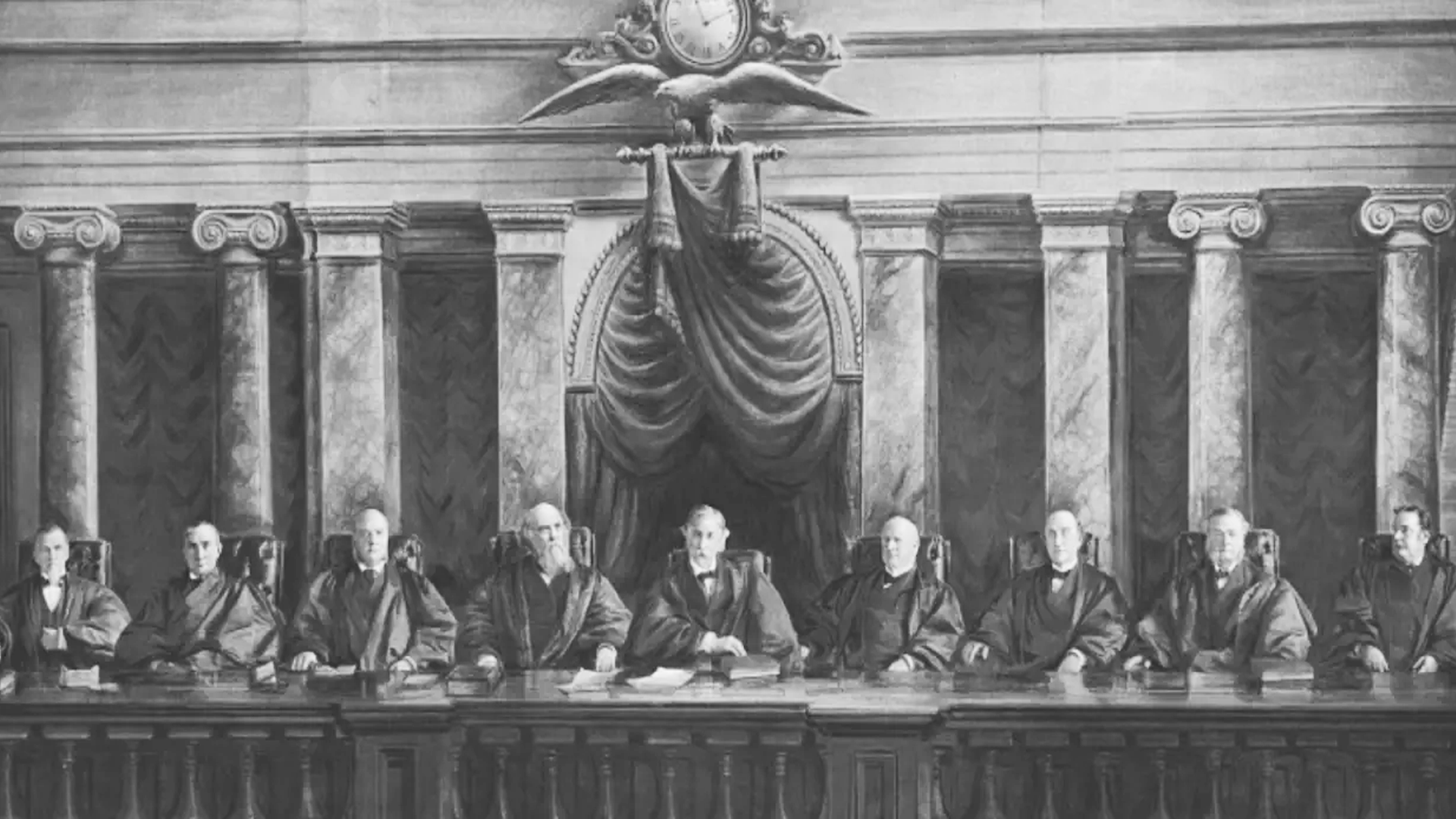 An illustration of the early U.S. Supreme Court justices gathered in a chamber.