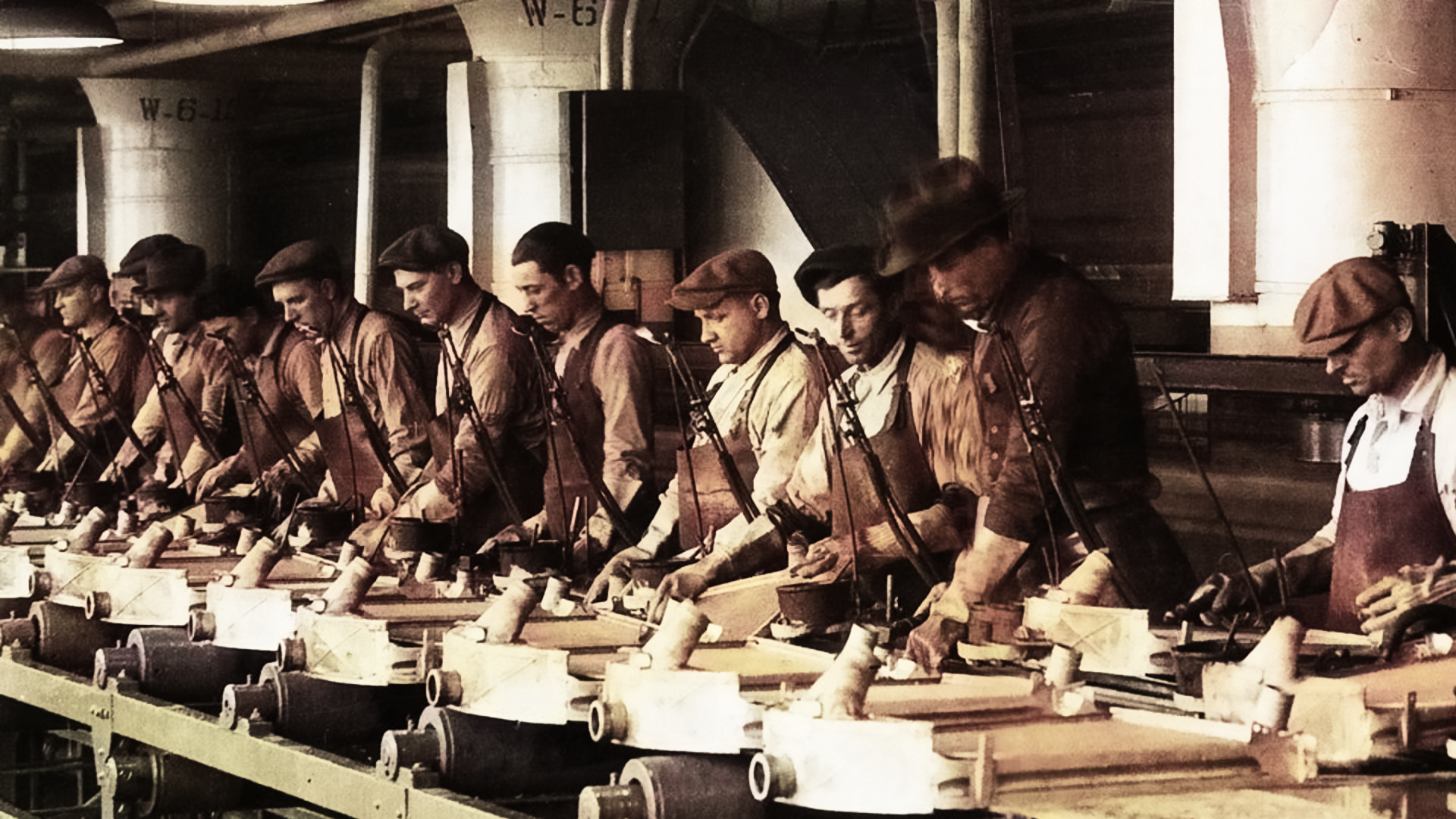 Assembly line workers at a Ford factory in the 1920s, building cars and building a new American work culture.