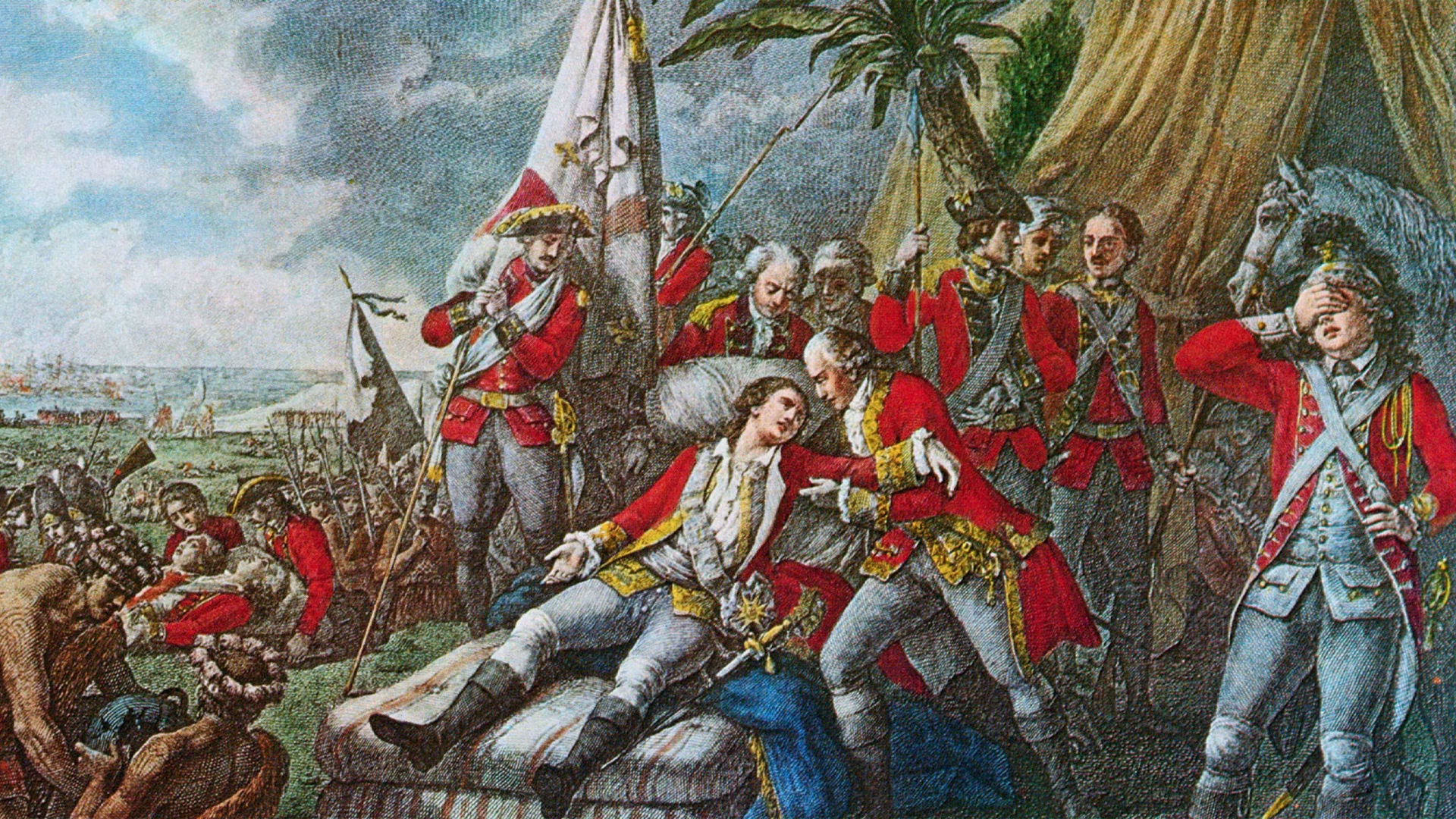 British and French soldiers facing off in a forested battlefield with Native American allies during the French and Indian War.