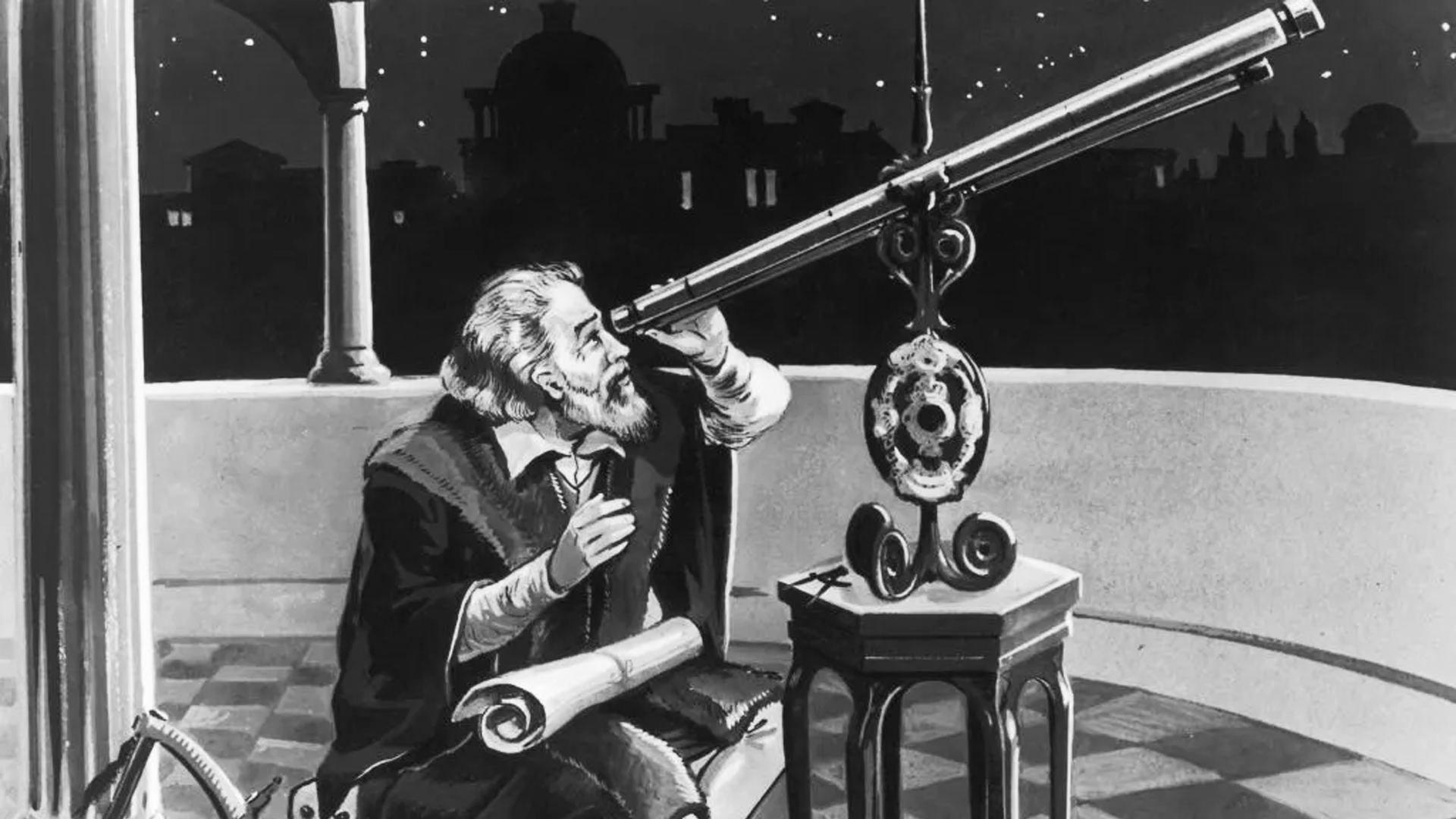 Galileo observing the Moon through one of his early telescopes