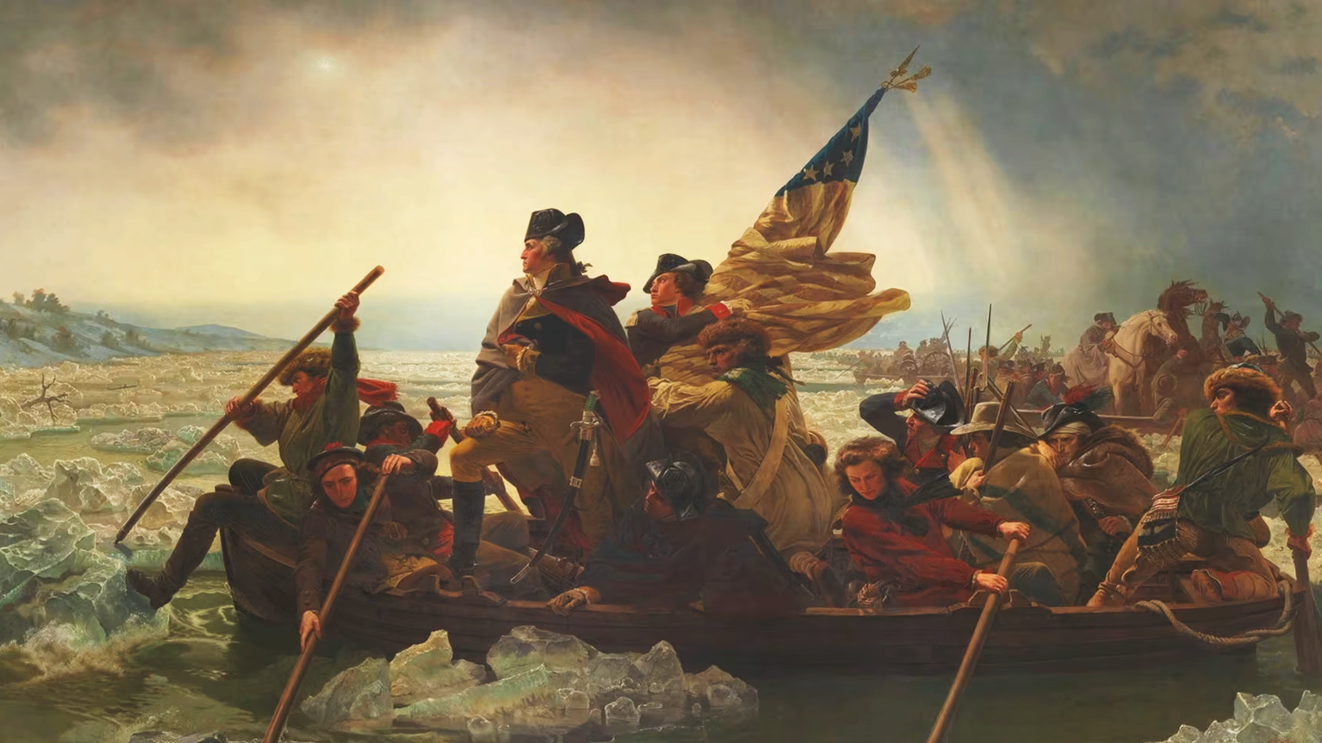 George Washington crossing the icy Delaware River with the Continental Army