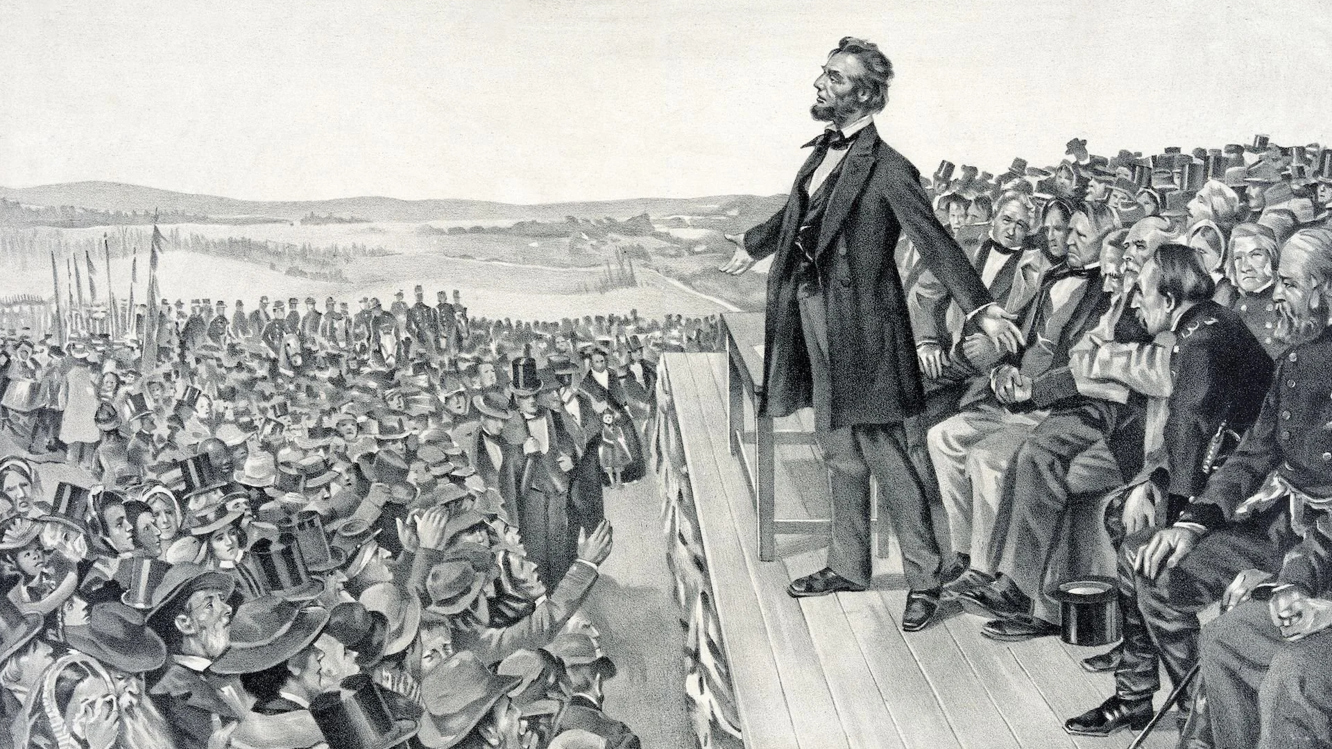 Crowd gathered on a Pennsylvania hillside as President Lincoln speaks at the Soldiers’ National Cemetery dedication.
