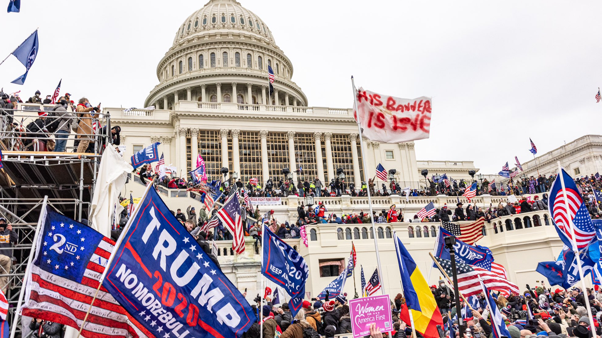 Rioters breaching the U.S. Capitol building on January 6, 2021