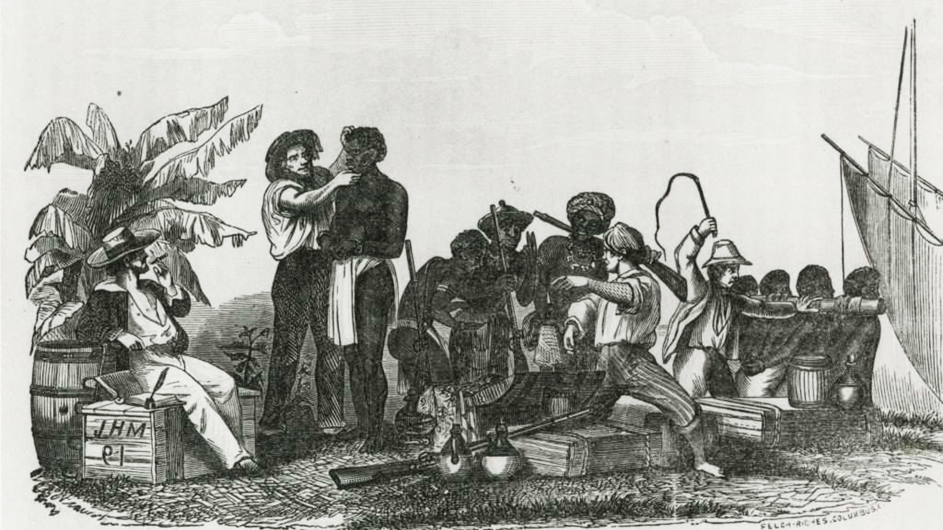 Illustration of enslaved Africans arriving at Point Comfort, Virginia in 1619