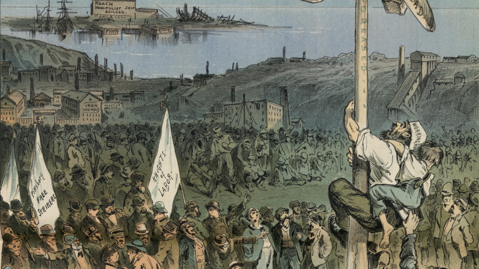 An illustration representing the Knights of Labor, one of the first national labor unions in the United States, uniting workers across jobs and backgrounds.