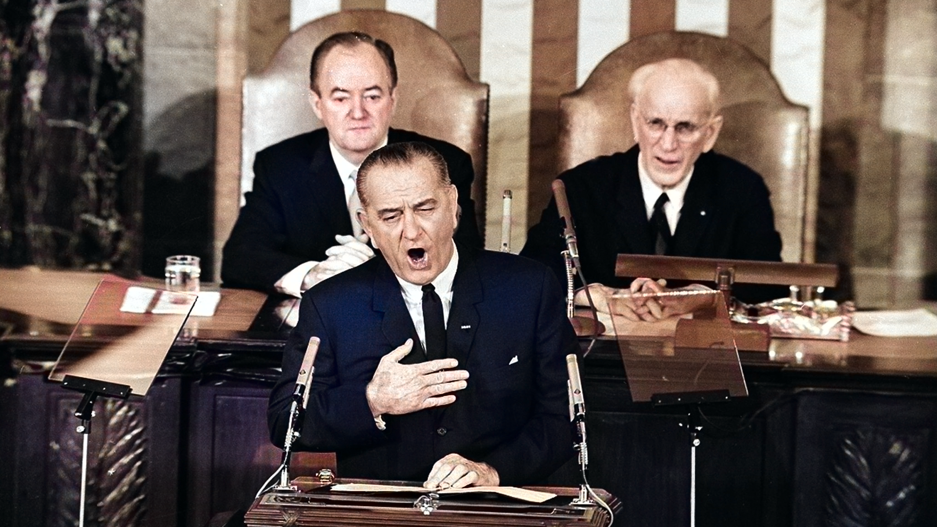 President Lyndon B. Johnson addressing Congress in 1965 to demand protection of voting rights for African Americans.