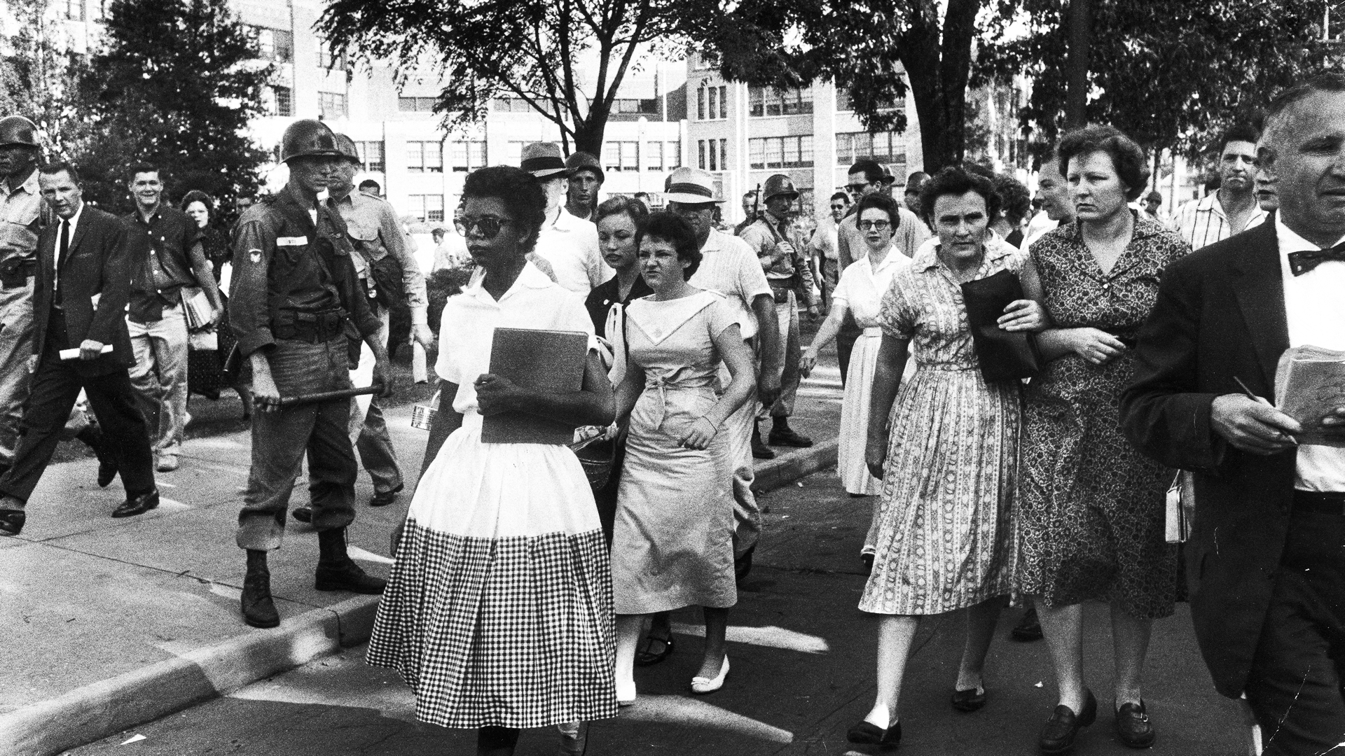Elizabeth Eckford, one of the Little Rock Nine, surrounded by an angry white mob outside Central High School in 1957.