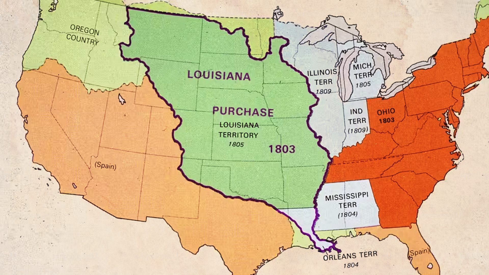Map of the Louisiana Territory in 1803, showing land acquired from France.