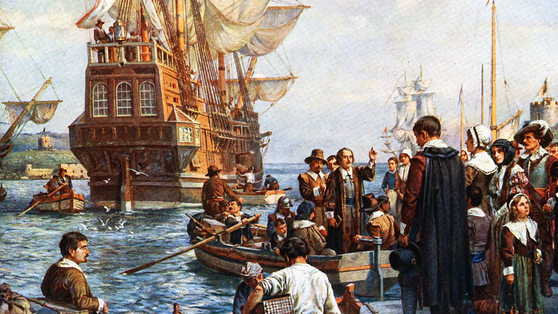The wooden ship Mayflower leaving Plymouth harbor, sails unfurled as passengers crowd the deck for their Atlantic voyage.