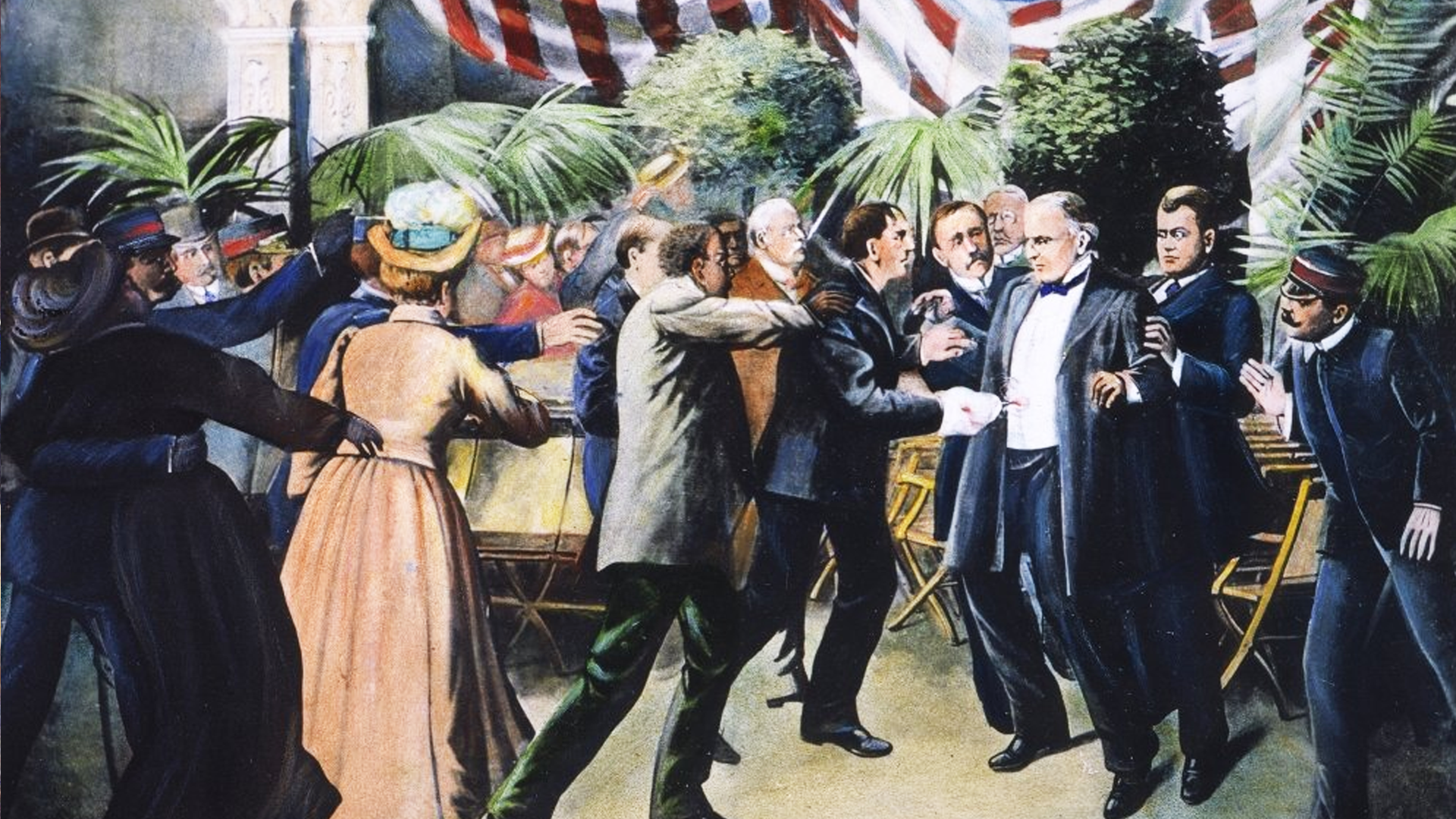 Illustration of President William McKinley being shot at the Pan-American Exposition in Buffalo, New York.