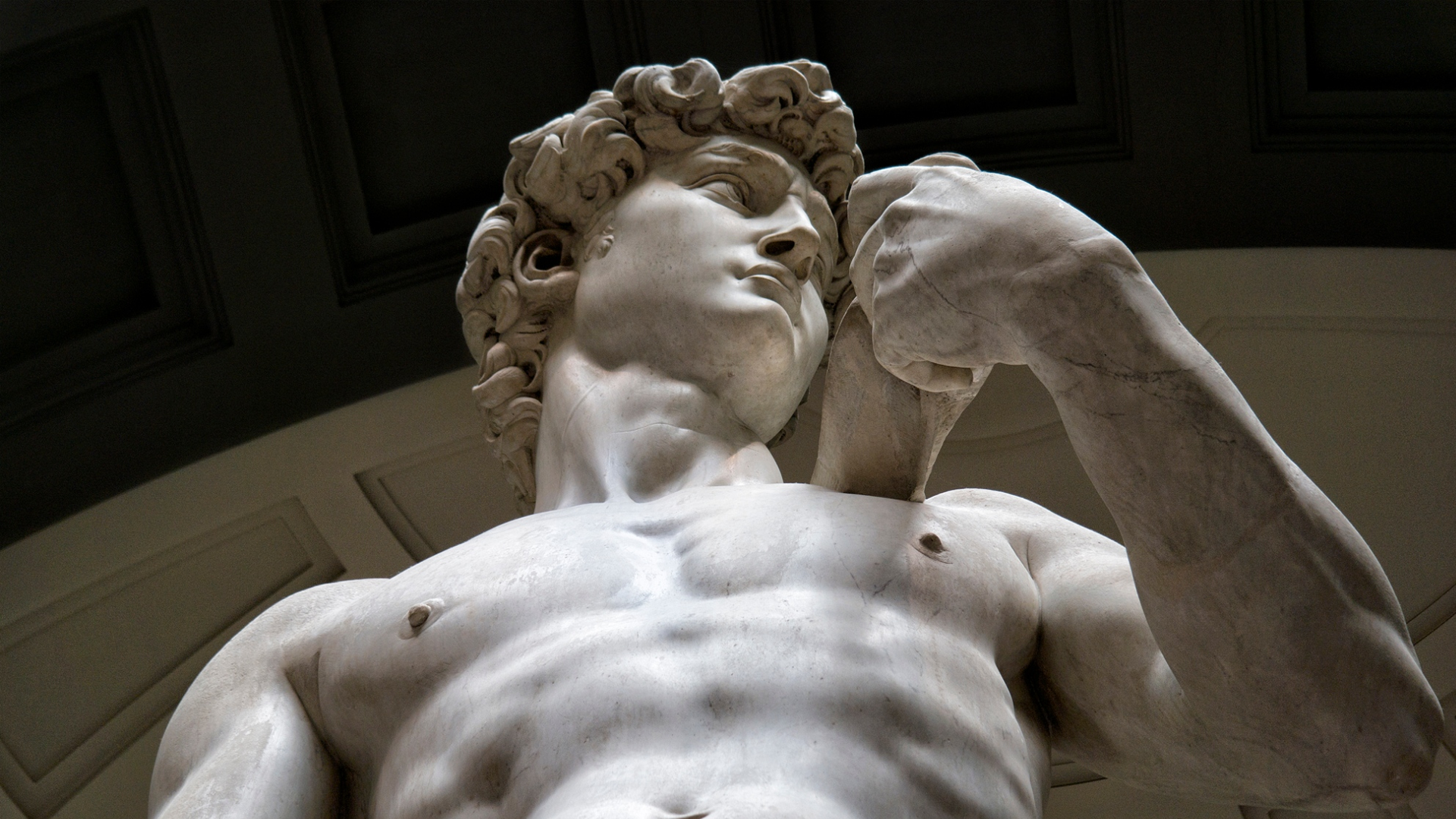 Michelangelo’s 17-foot marble David, poised in contrapposto, with sling over his shoulder.