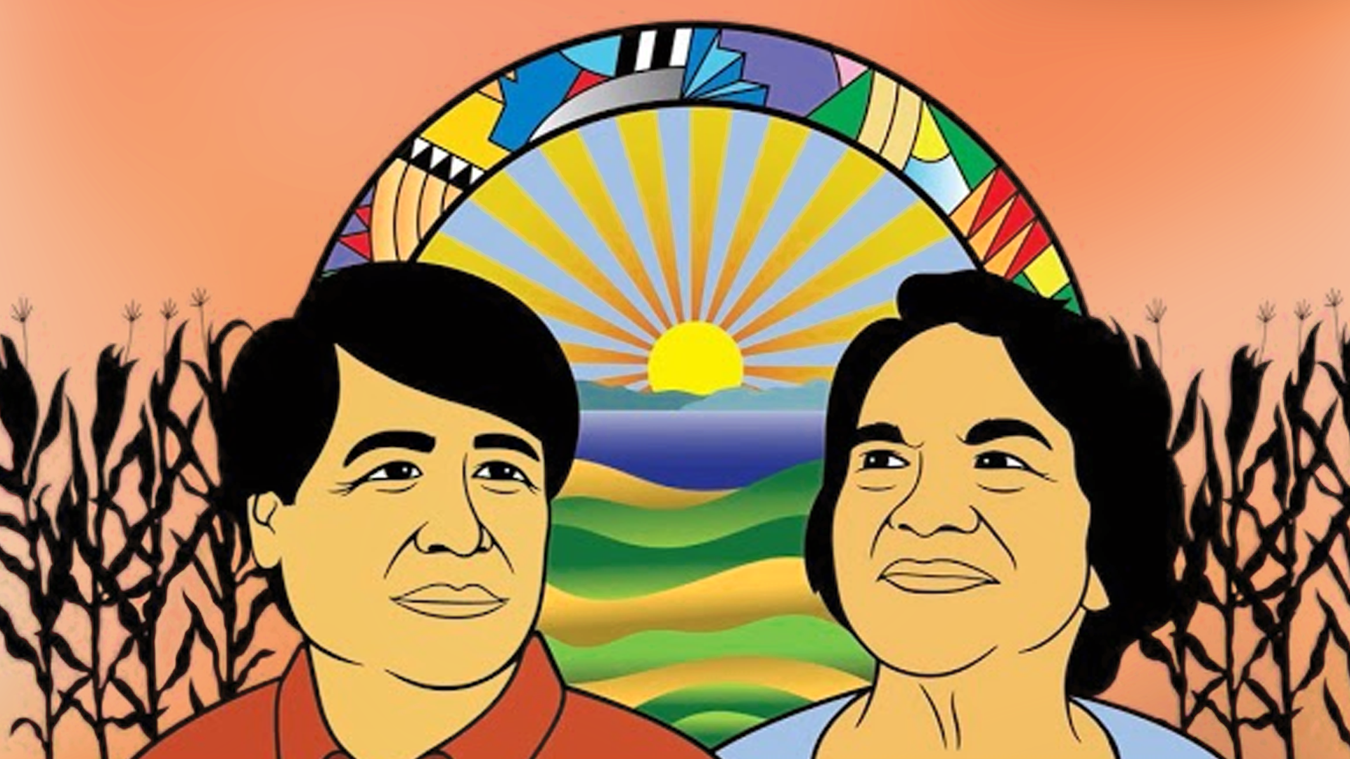 Cesar Chavez and Dolores Huerta speaking to farmworkers under the black eagle flag of the NFWA.