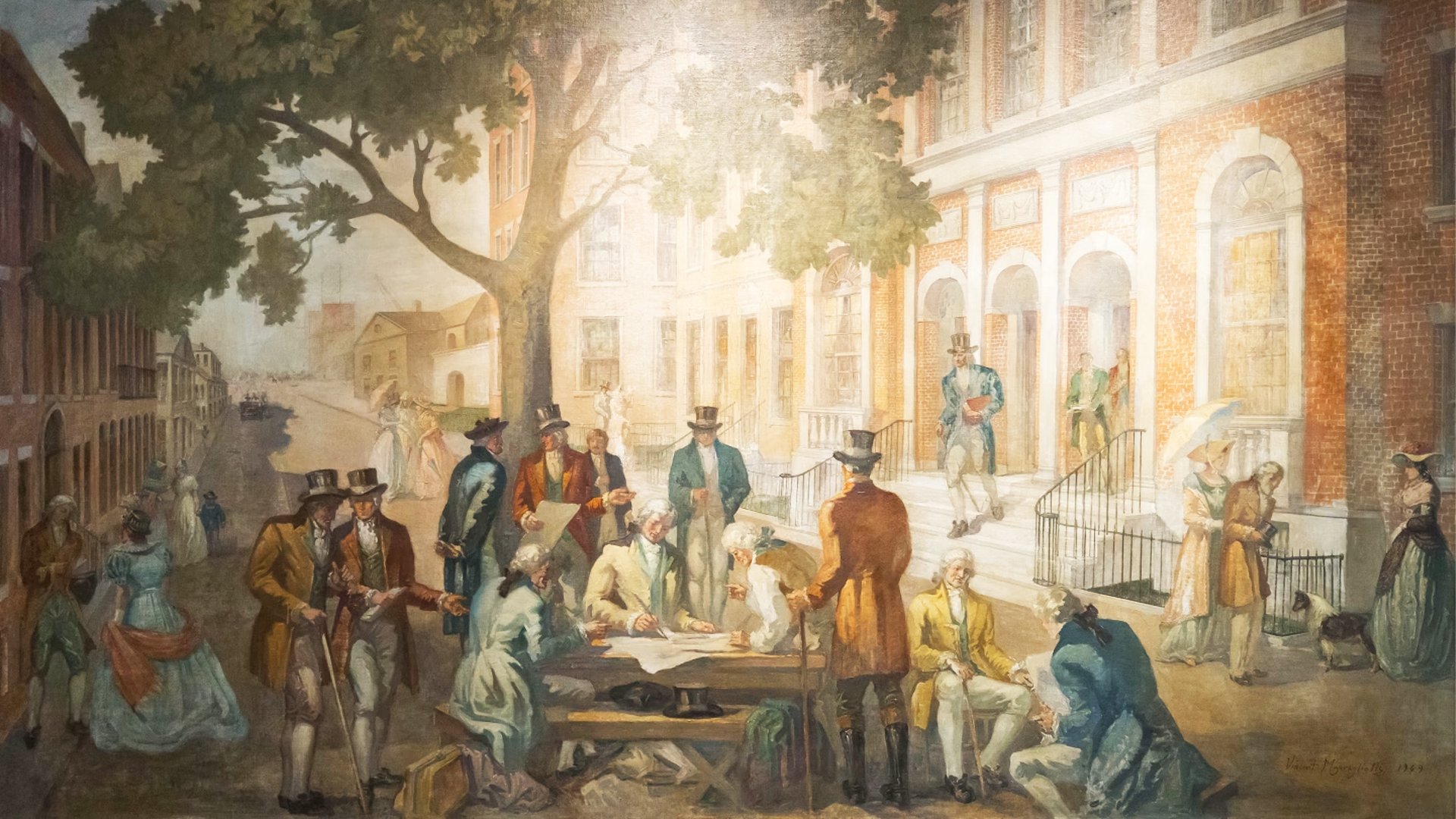 A historic depiction of brokers signing the Buttonwood Agreement.