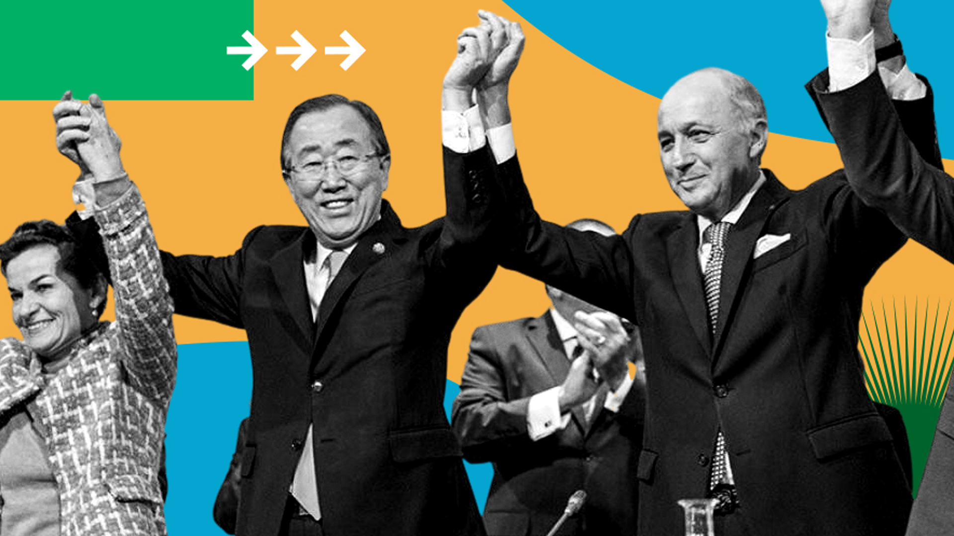 Global leaders standing in front of a world map with the words Paris Agreement.