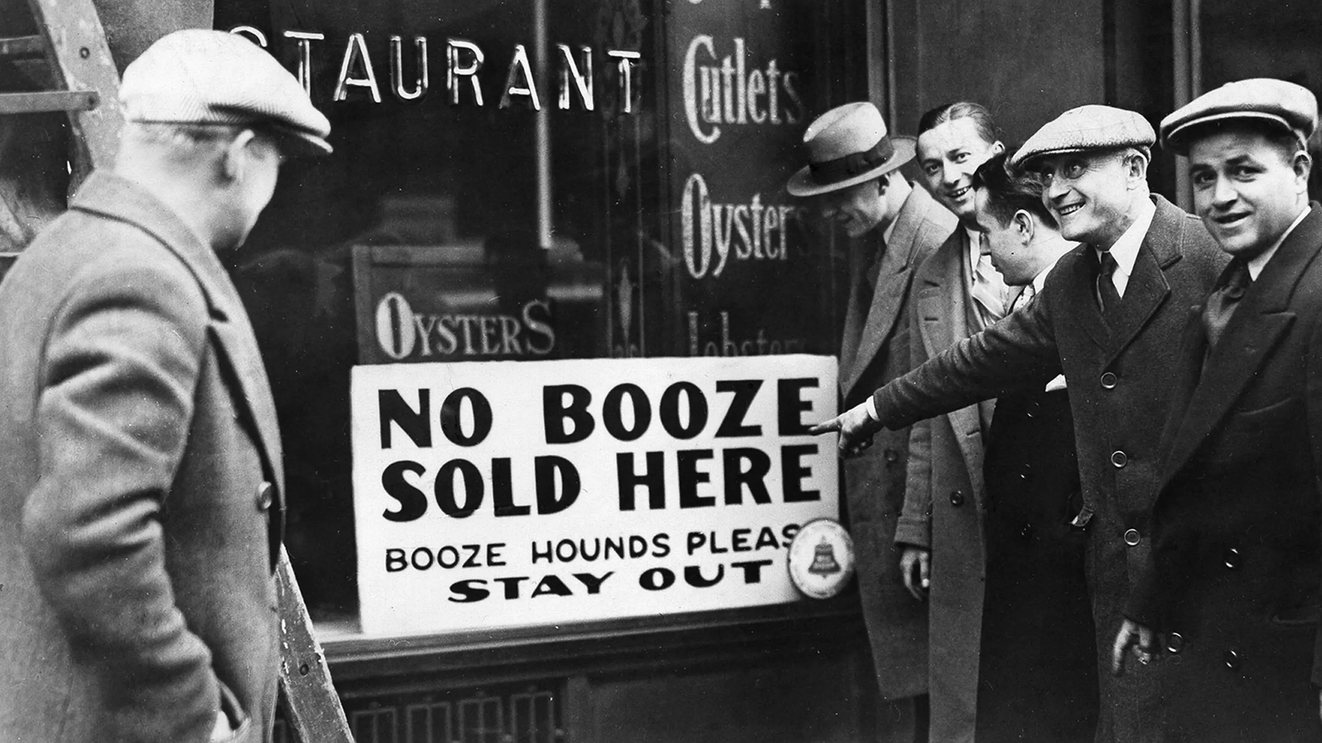 Illustration symbolizing Prohibition in the United States, with crossed-out alcohol bottles